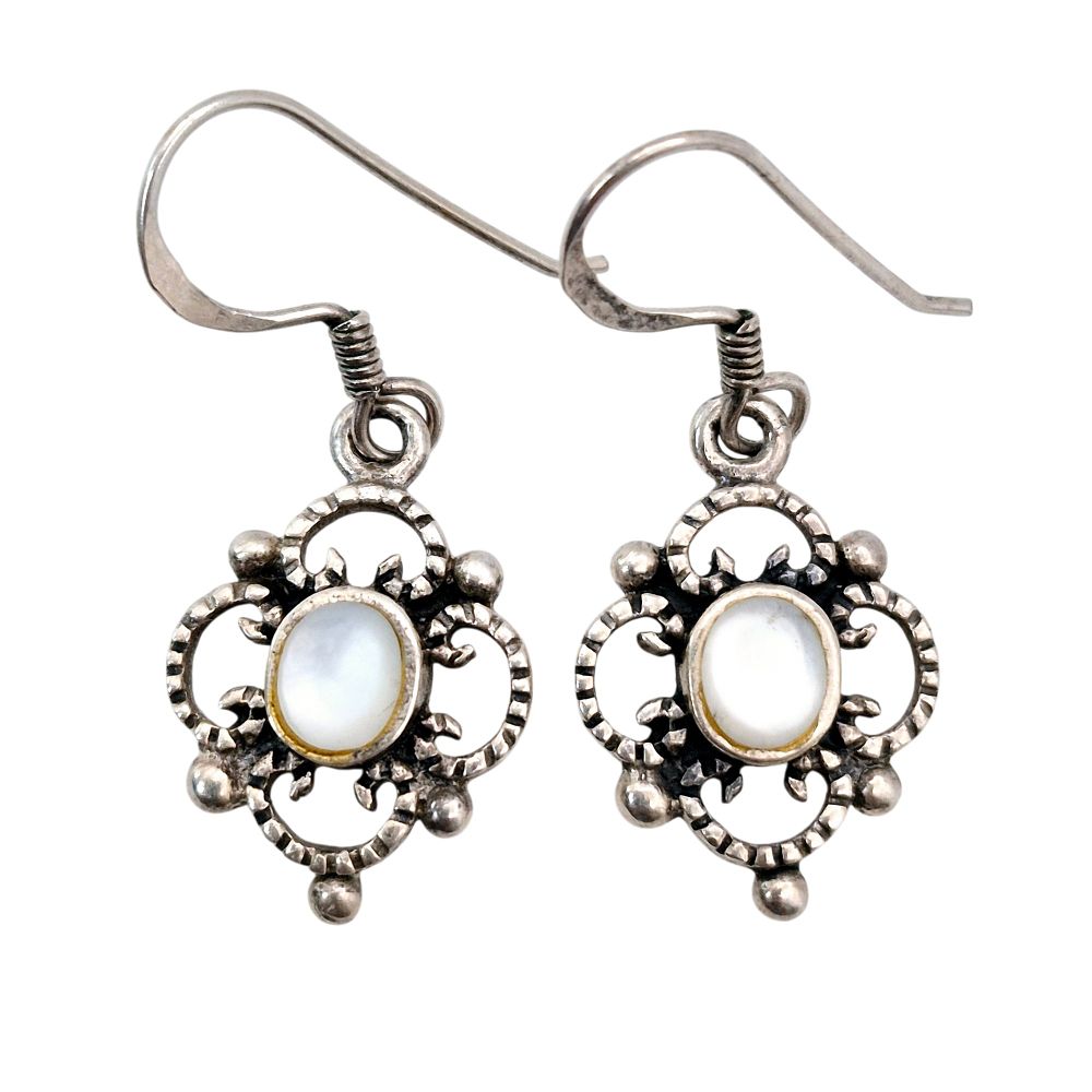 Lot 424: MC Sterling Mother Of Pearl Filigree Dangle Earrings