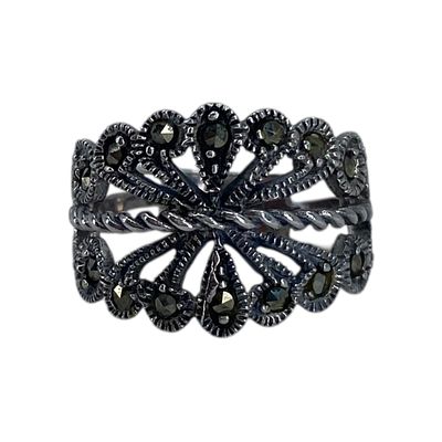 Signed Sterling Filigree Marcasite Ring 4g Sz 7.5 Engraved CW 925