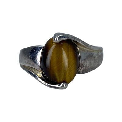 Signed Sterling Oval Tigers Eye Ring Sz 8 5g Engraved With a B in a square? 925 China