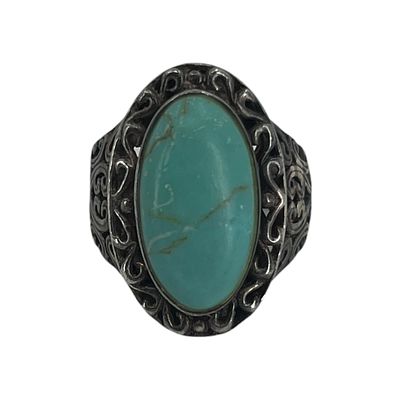 Sterling Oval Turquoise Scroll Cut Out Ring Sz 8 8g, Engraved 925