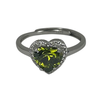 Sterling Green Heart Cut Rhinestone Adjustable Ring Sz 7.25 2.43g. Sterling Green Heart Cut 