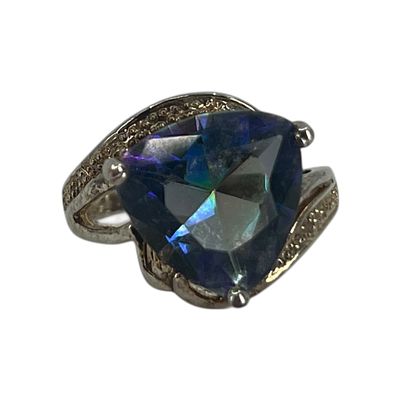 Gold Over Sterling Trillion Cut Rainbow Rhinestone Heart Cut Out Ring Sz 6.75 5g, Engraved 925