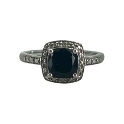 Signed Sterling Cushion Cut Multi Stone Halo Ring Sz 7 3g. Signed Sterling Cushion Cut Black 