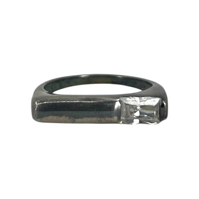 Sterling Off Set Baguette Cut Rhinestone Bar Ring Sz 6 3g Engraved 925