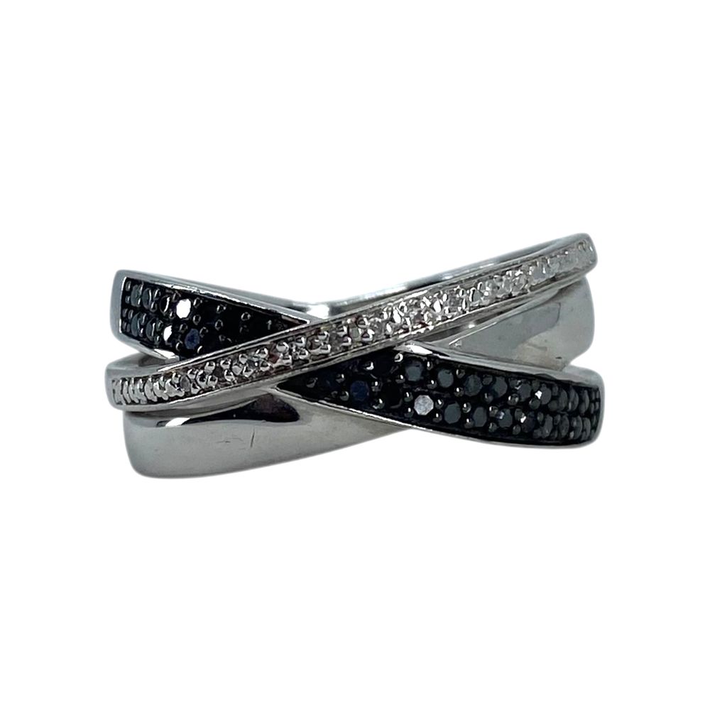 Lot 173: Signed Sterling Black And White Diamond Criss Cross Ring Sz 11 9g