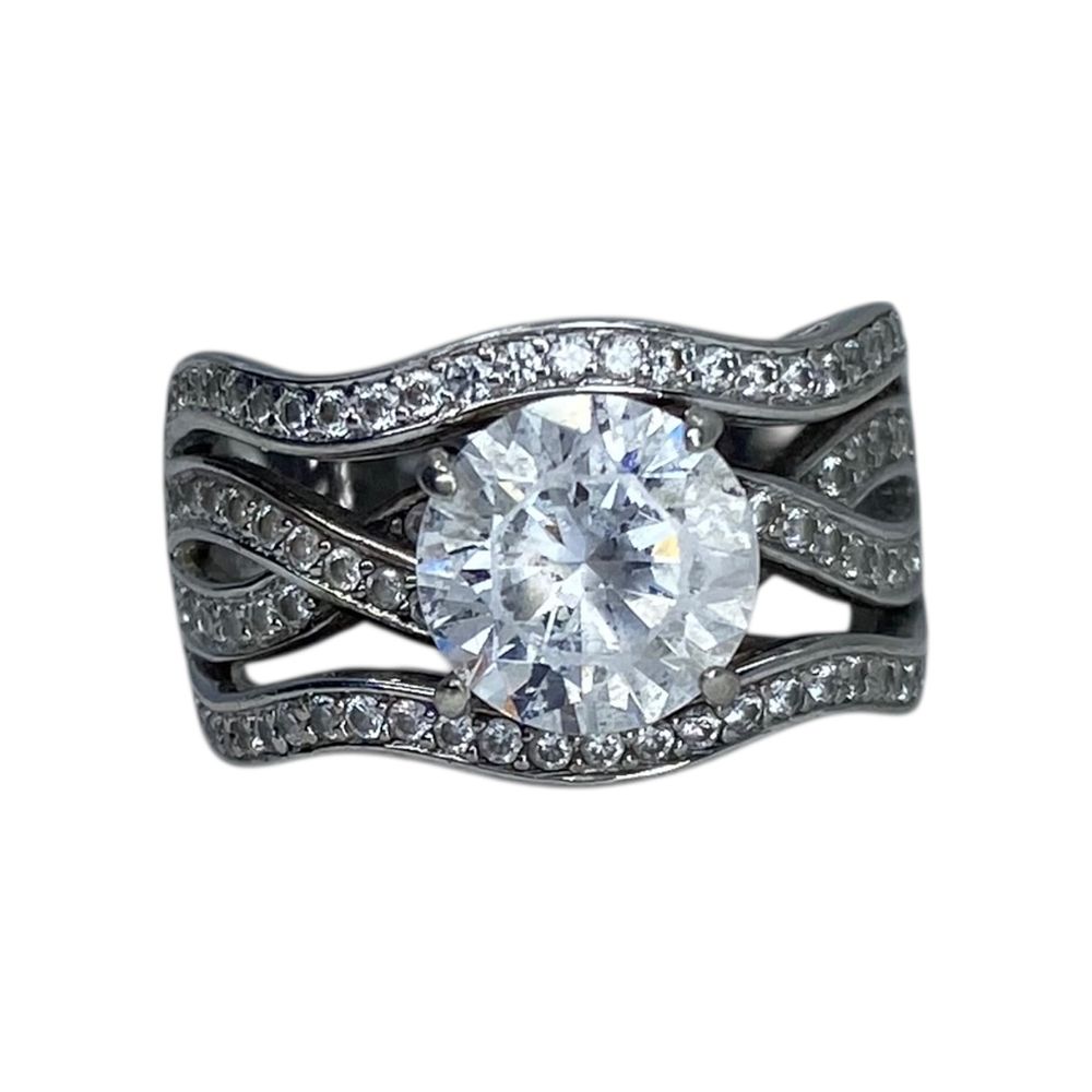 Lot 178: Signed Sterling CZ Slit Shank Cross Over Ring SZ 7.75 9g
