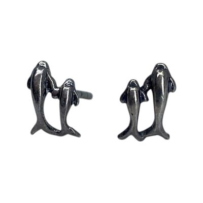 Sterling Mom And Baby Jumping Dolphin Stud Earrings 1g
