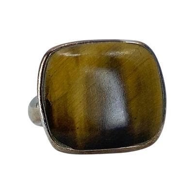 Signed Sterling Tiger Eye Large Square Ring 8.14g sz 6.75 Engraved SX 925 Thailand