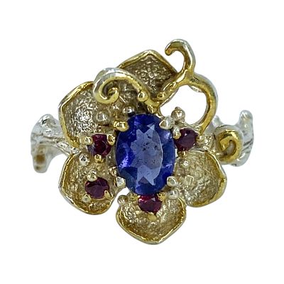 Sterling MultiStone Flower Branch Ring 5.5g sz 8.5. Sterling Oval Tanzanite and Garnet Flower 