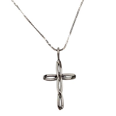 Signed Italy Sterling Silver Cross Necklace. 18in Length 1mm Flattened Curb Chain. Signed UC 