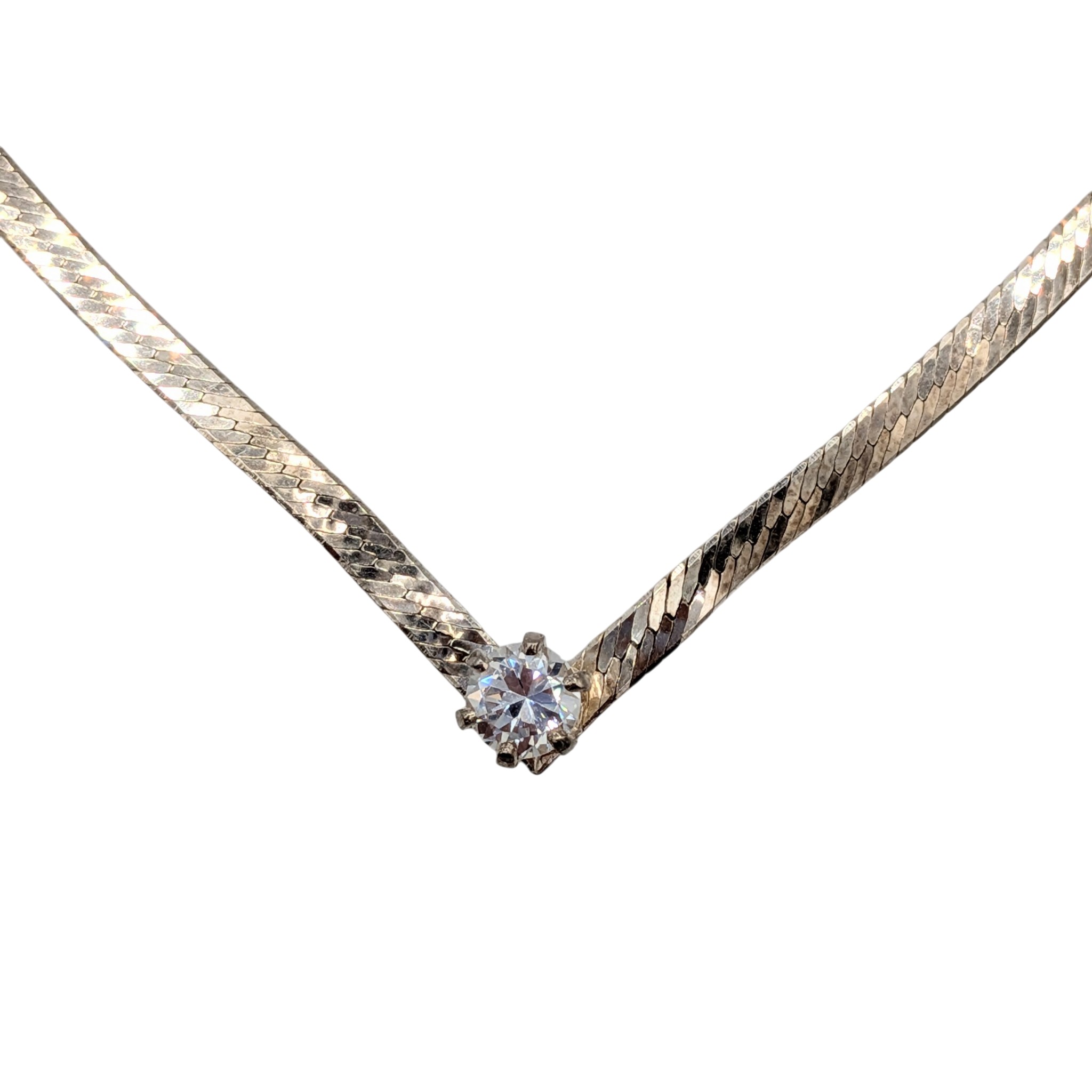 Signed Italy Sterling Silver Herringbone Solitaire CZ Chain Necklace