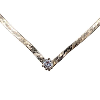 Signed Italy Sterling Silver Herringbone Solitaire CZ Chain Necklace. Signed Italy Sterling 