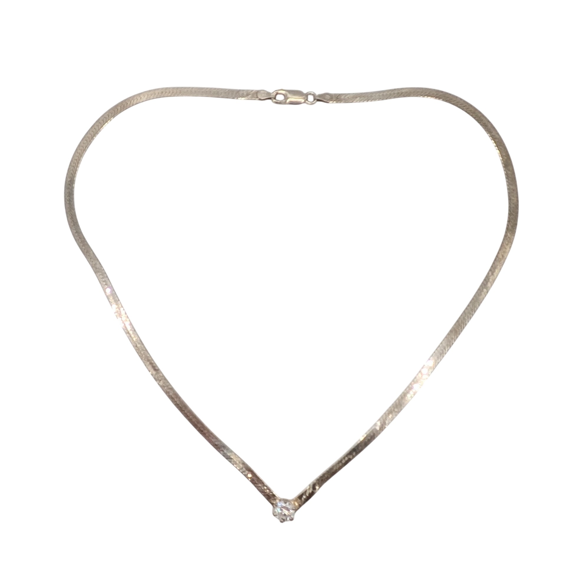 Signed Italy Sterling Silver Herringbone Solitaire CZ Chain Necklace