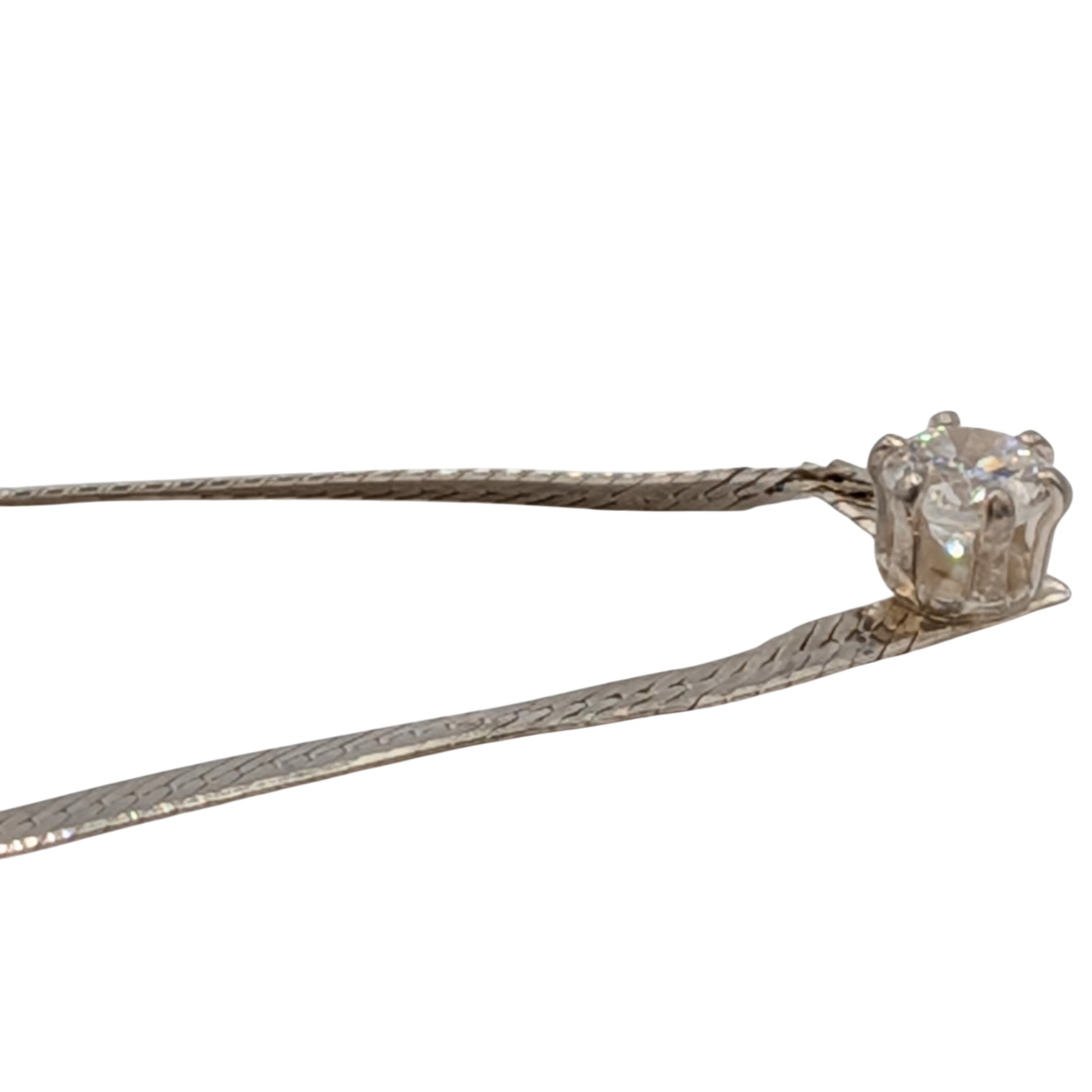 Signed Italy Sterling Silver Herringbone Solitaire CZ Chain Necklace