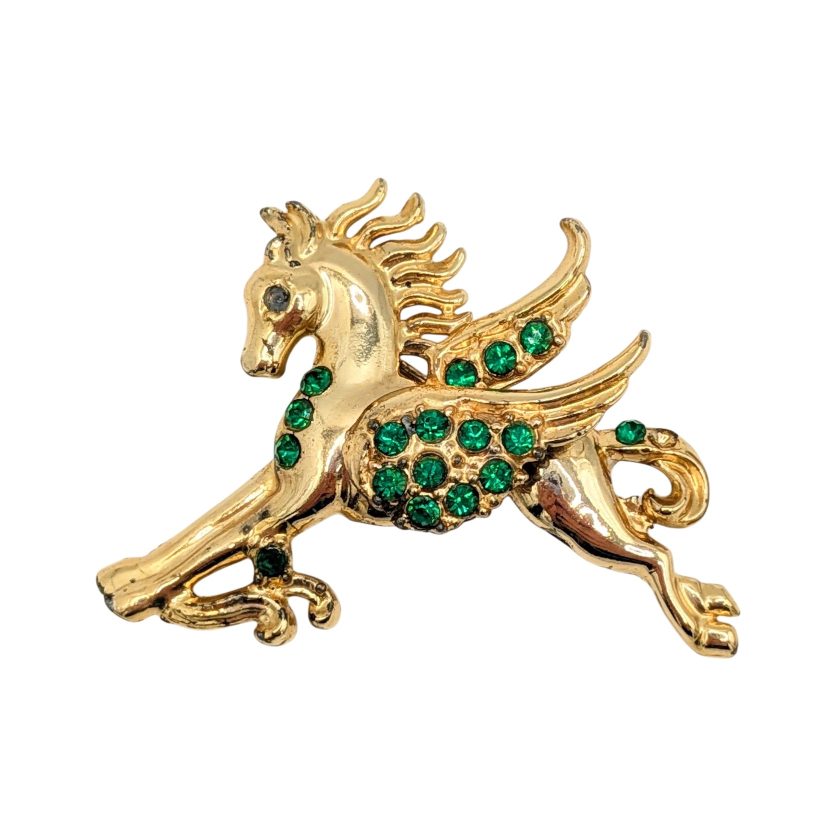 Signed Gold Tone Green Rhinestone Pegasus Brooch