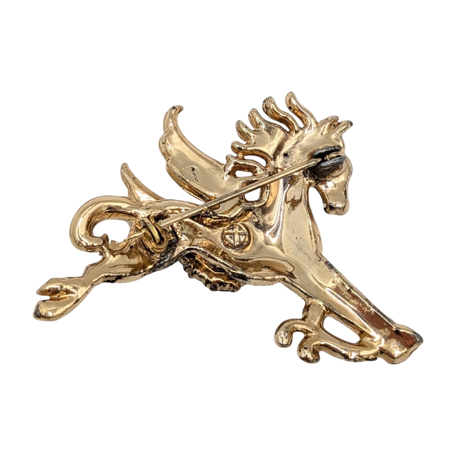 Signed Gold Tone Green Rhinestone Pegasus Brooch
