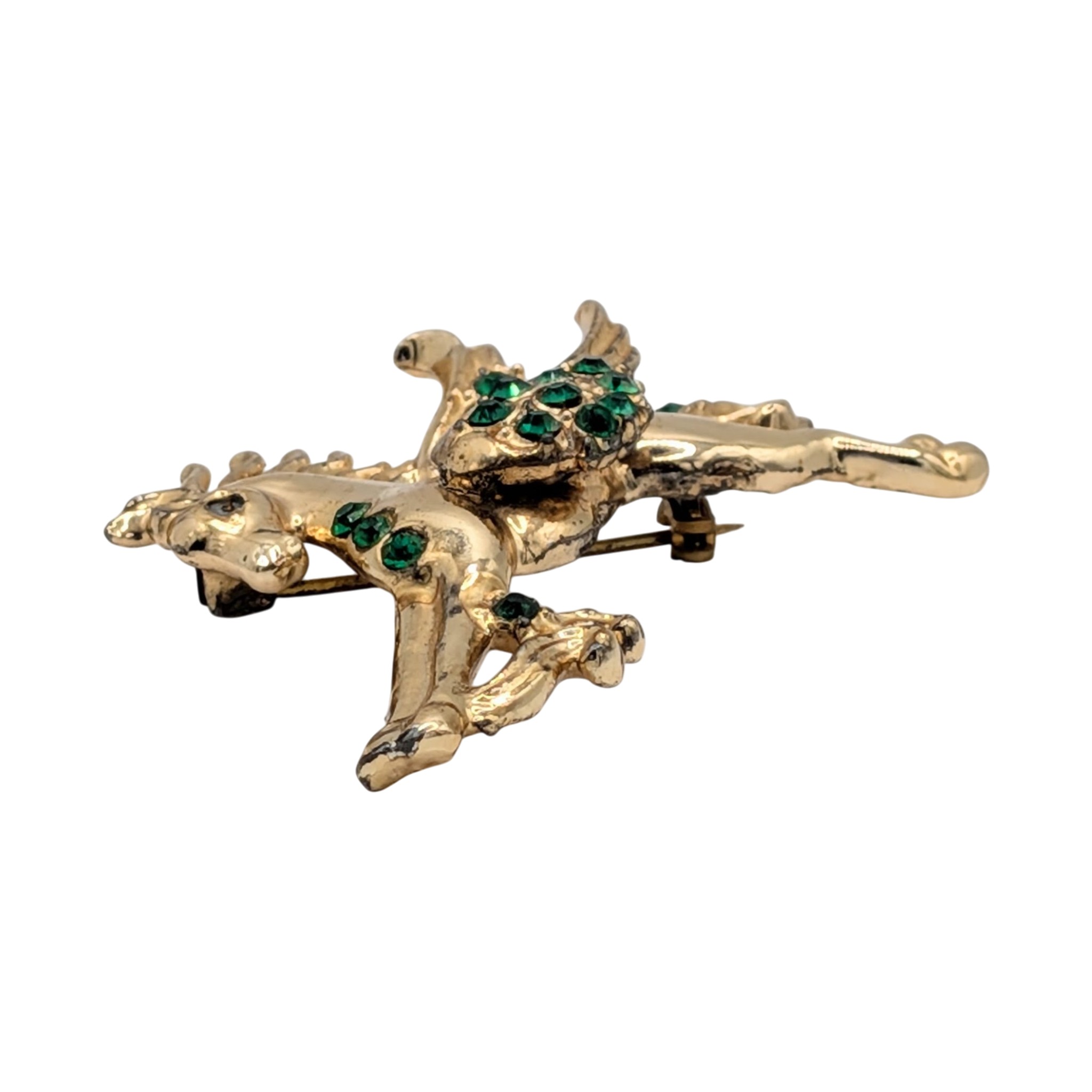 Signed Gold Tone Green Rhinestone Pegasus Brooch