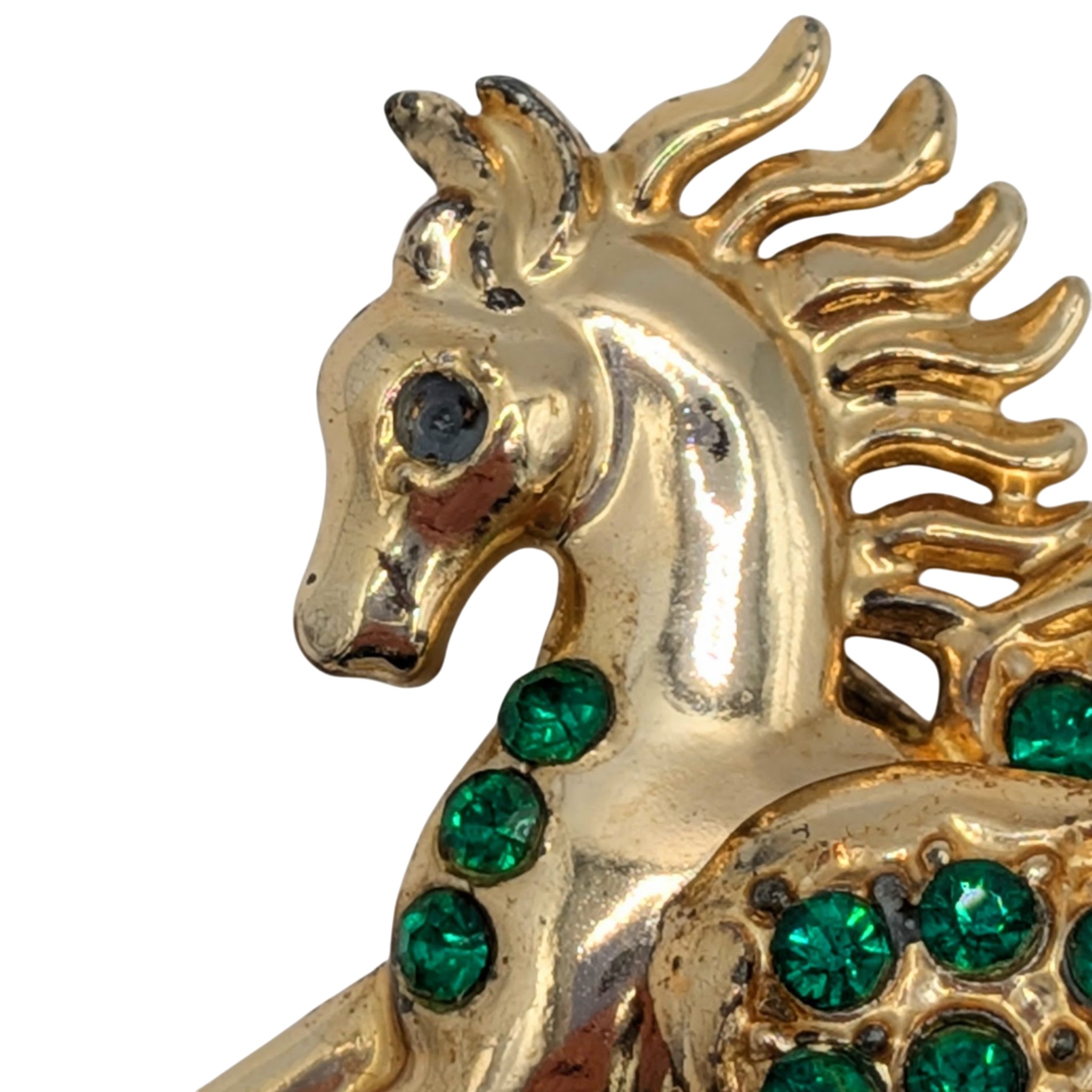 Signed Gold Tone Green Rhinestone Pegasus Brooch