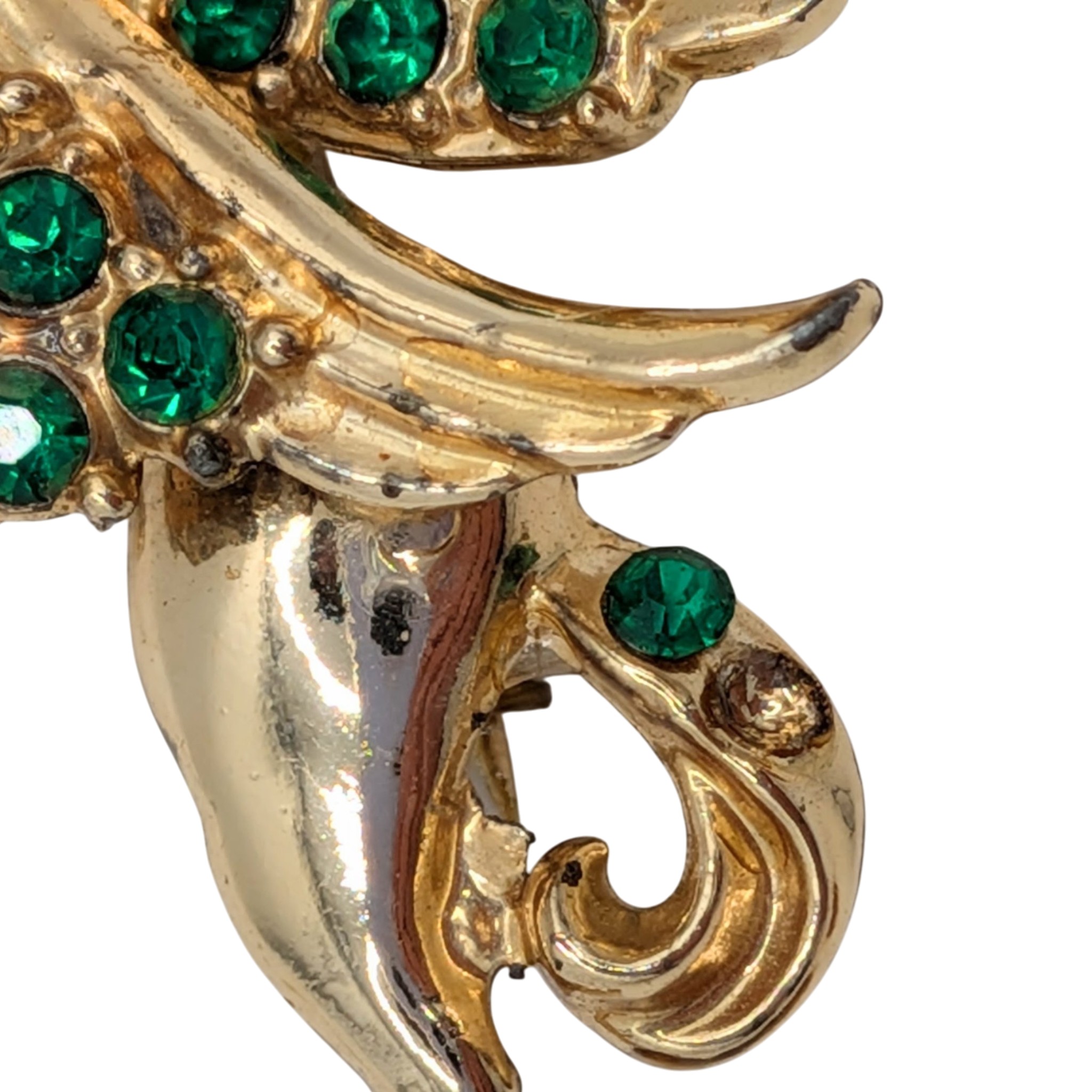 Signed Gold Tone Green Rhinestone Pegasus Brooch