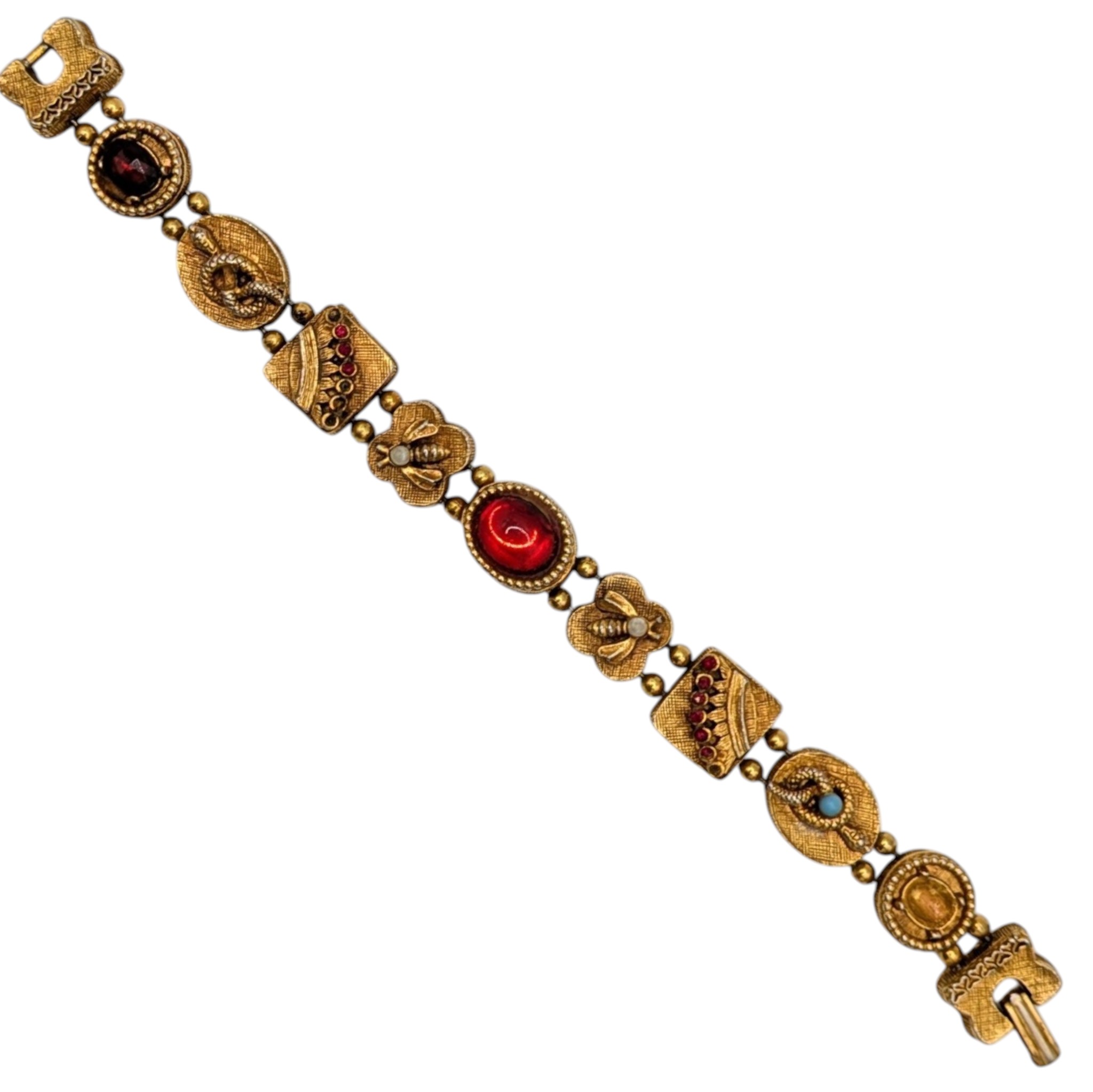 Vintage Gold Tone Faux Pearl Rhinestone Victorian Revival Bracelet