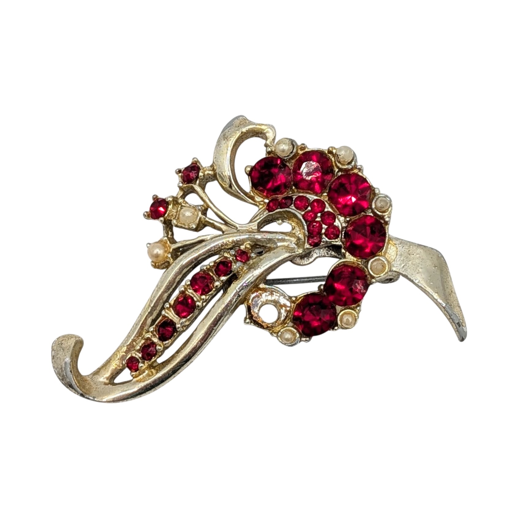 Vintage Gold Tone Rhinestone Floral Spray Brooch
