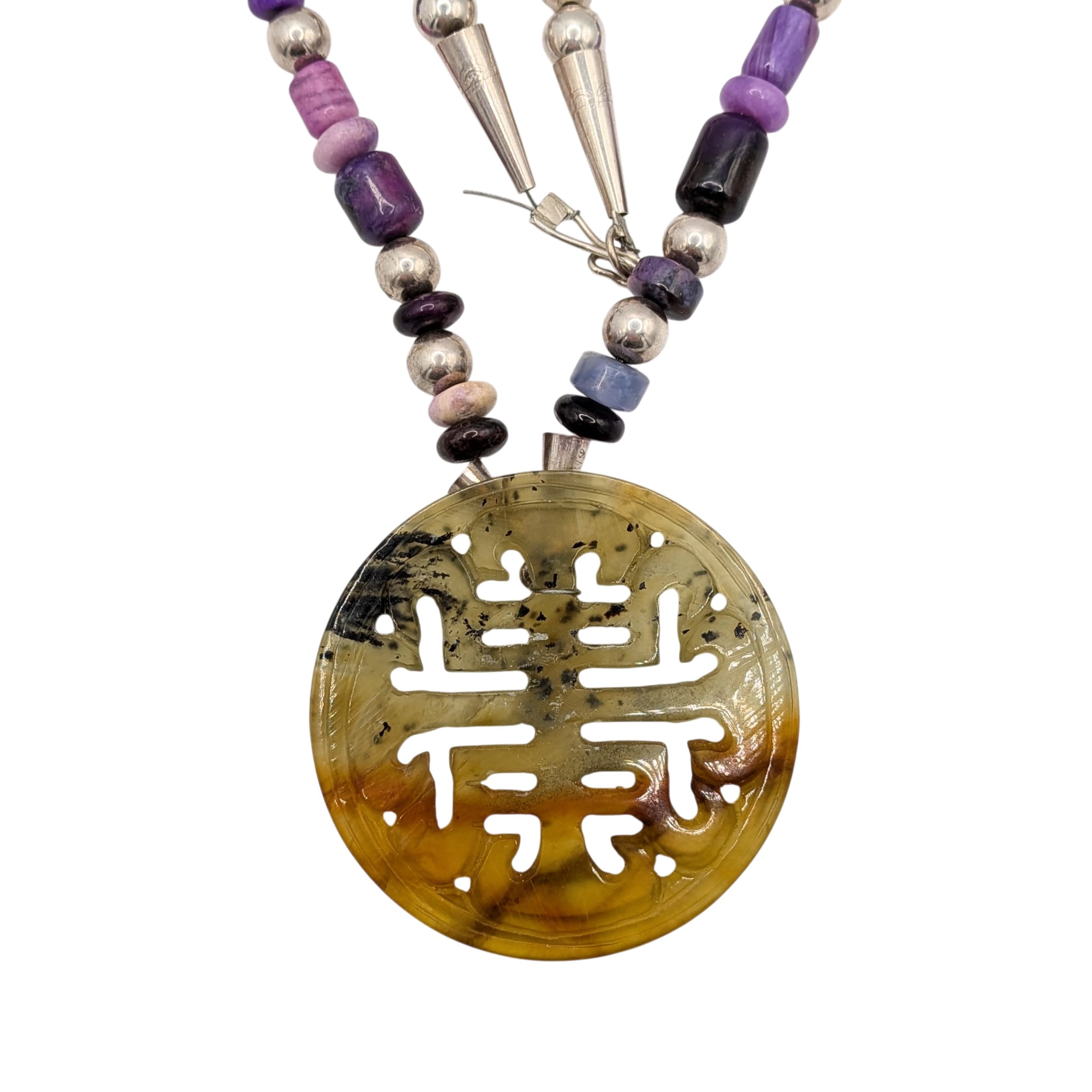 Chinese Export Sterling Silver Hand Carved Multi-Stone Beaded Necklace