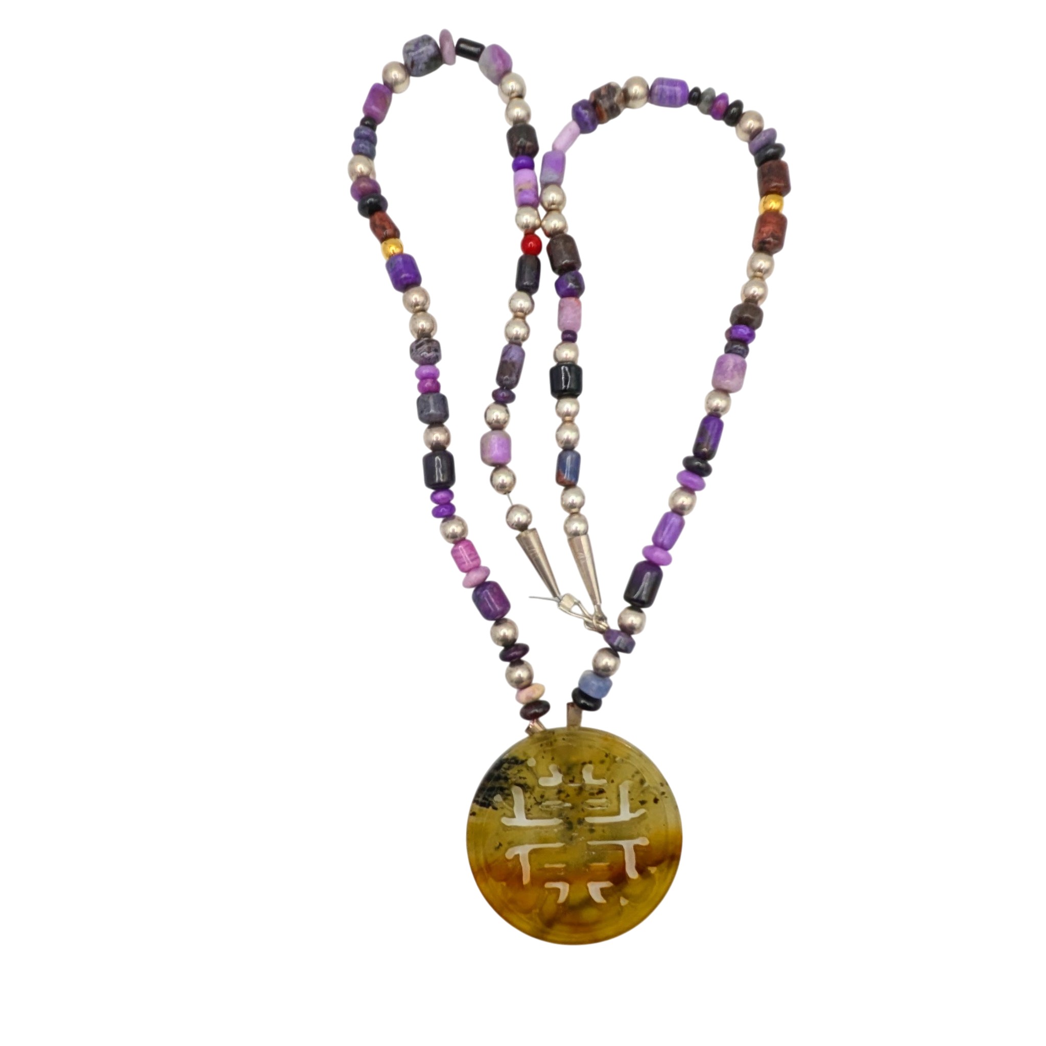 Chinese Export Sterling Silver Hand Carved Multi-Stone Beaded Necklace