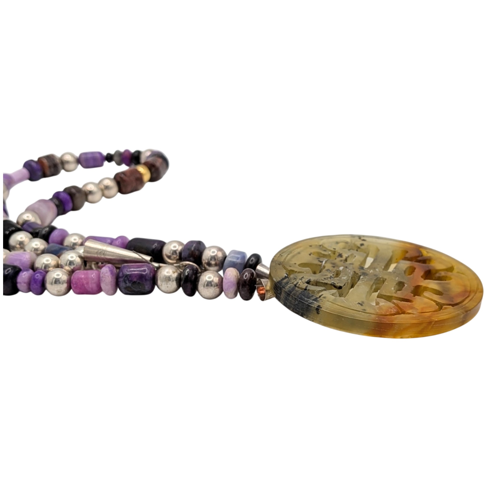 Chinese Export Sterling Silver Hand Carved Multi-Stone Beaded Necklace