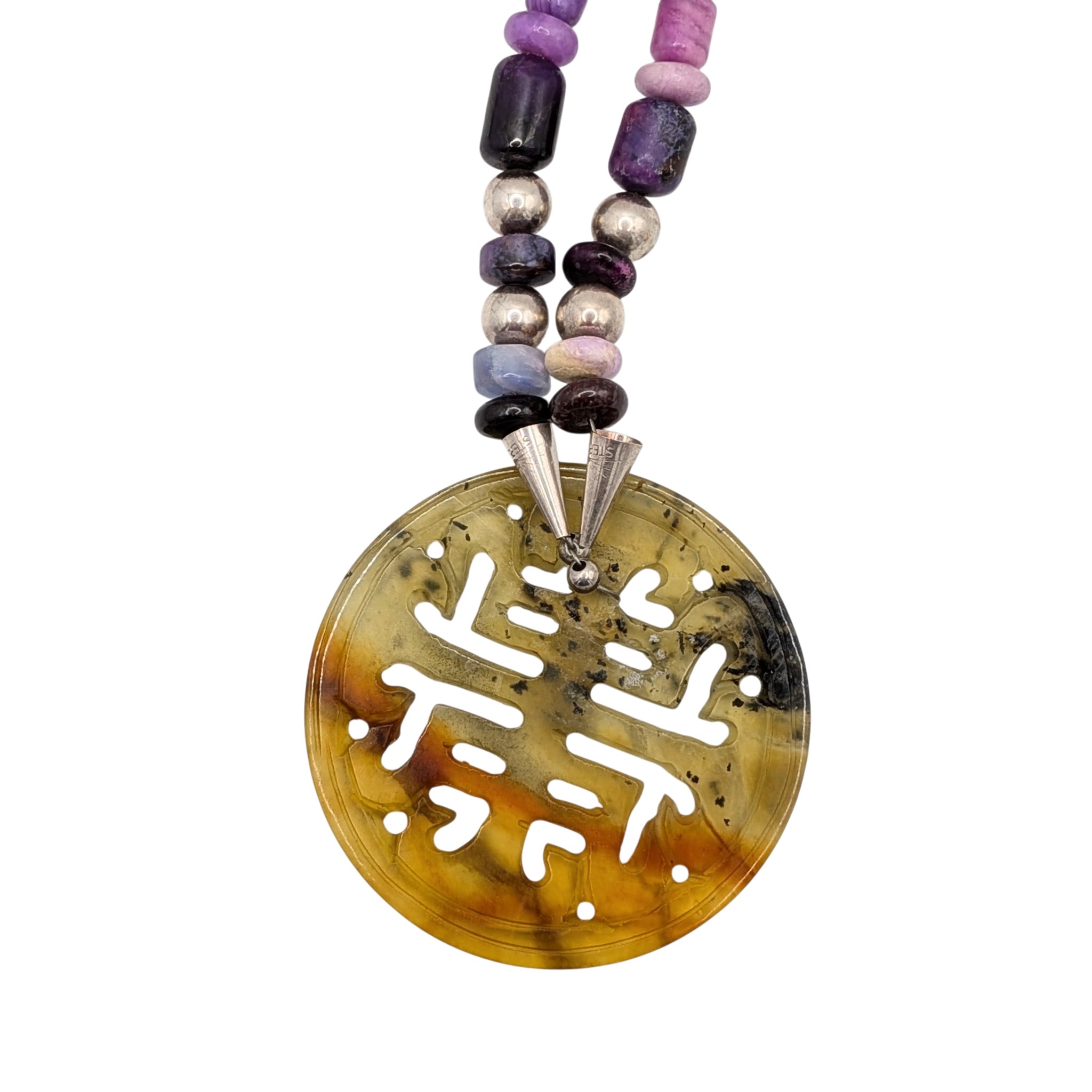 Chinese Export Sterling Silver Hand Carved Multi-Stone Beaded Necklace