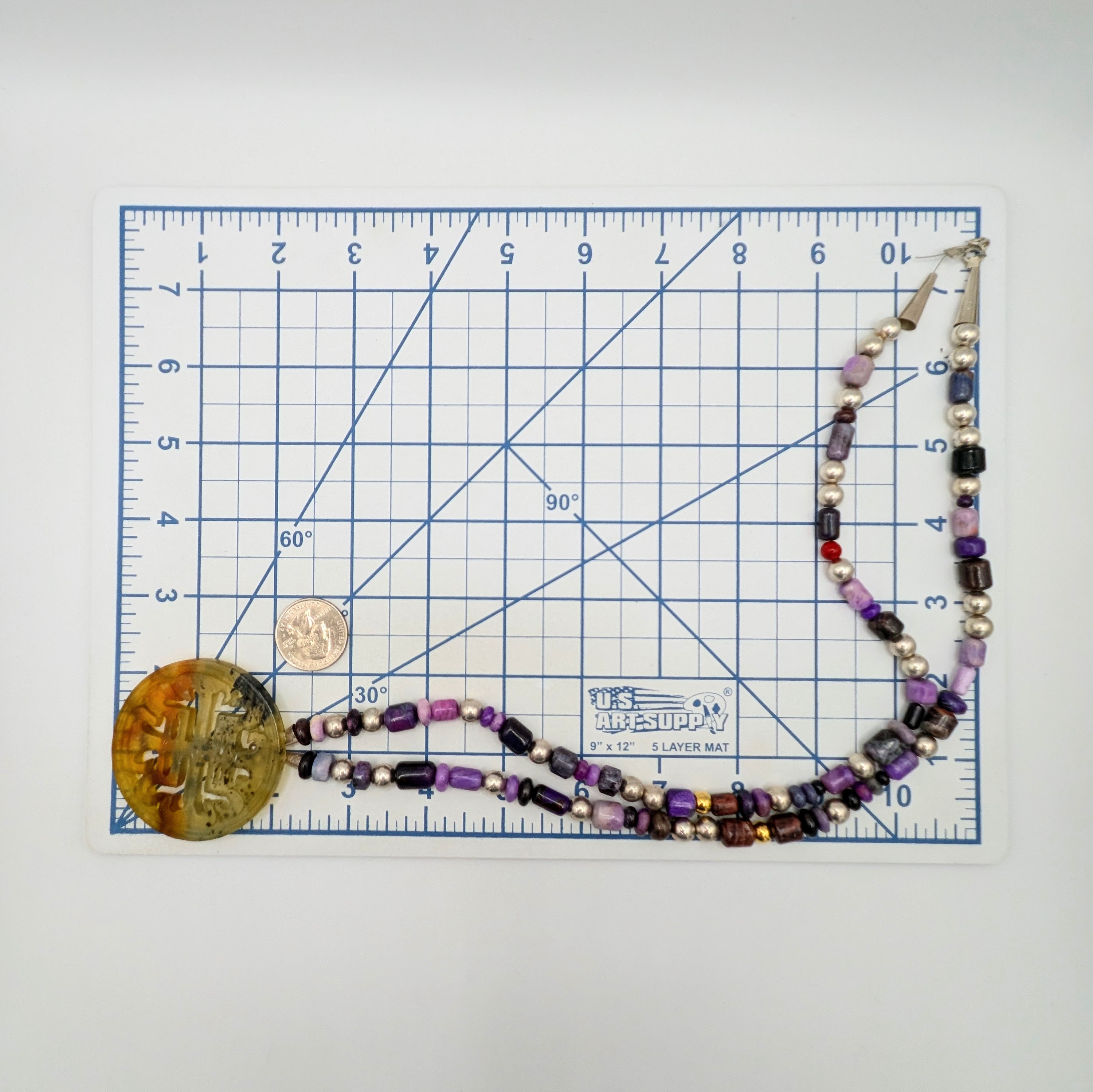 Chinese Export Sterling Silver Hand Carved Multi-Stone Beaded Necklace