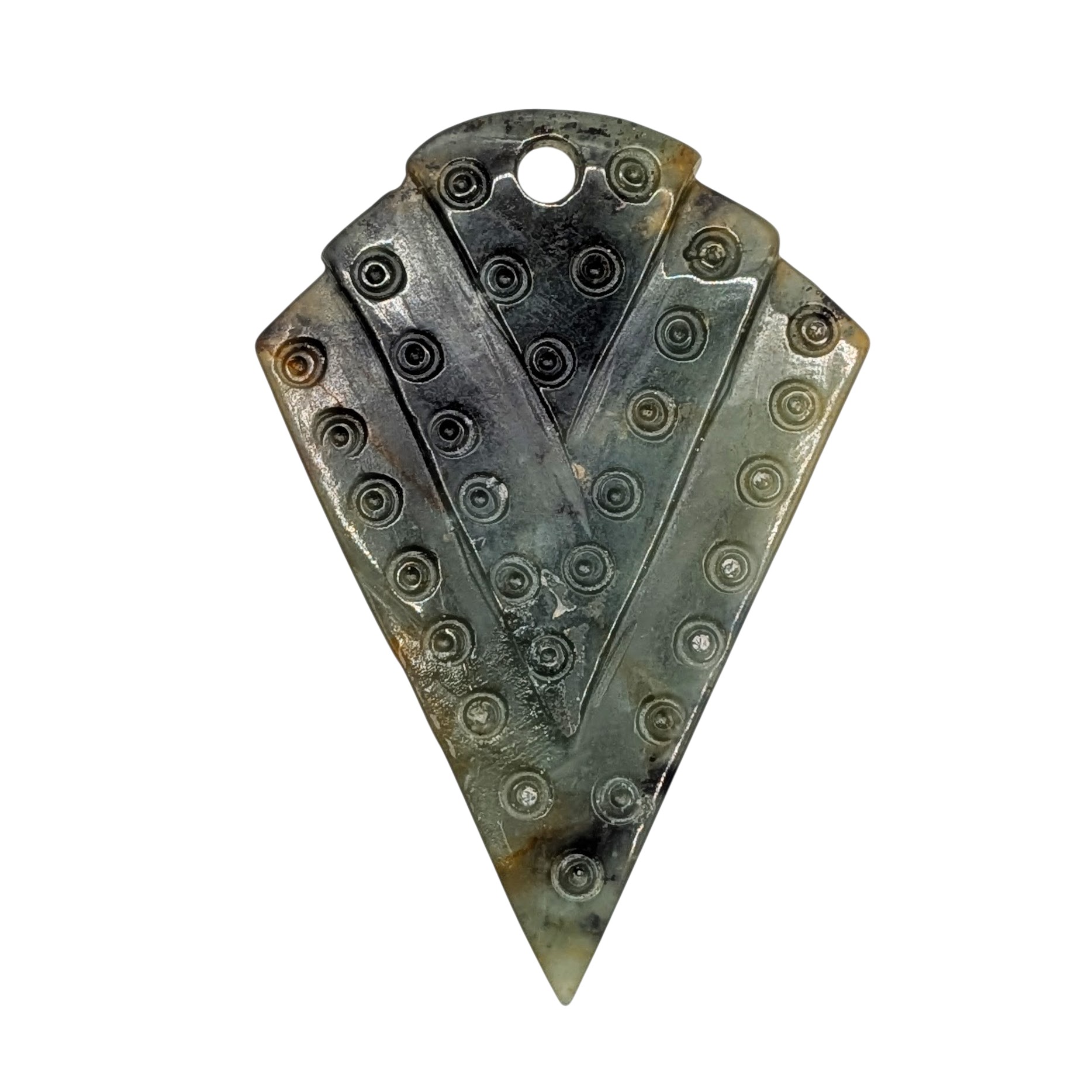Hand Carved Moss Agate Arrow Shield Pendant