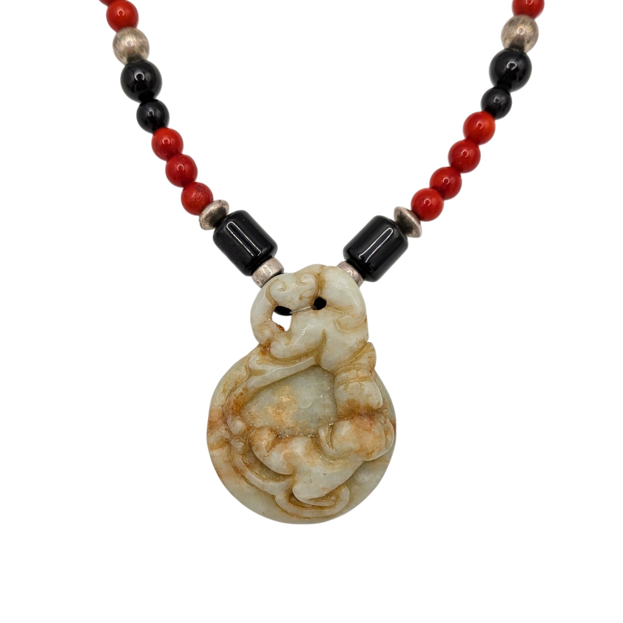 Chinese Export Sterling Silver Hand Carved Jadeite Glass Beaded Necklace