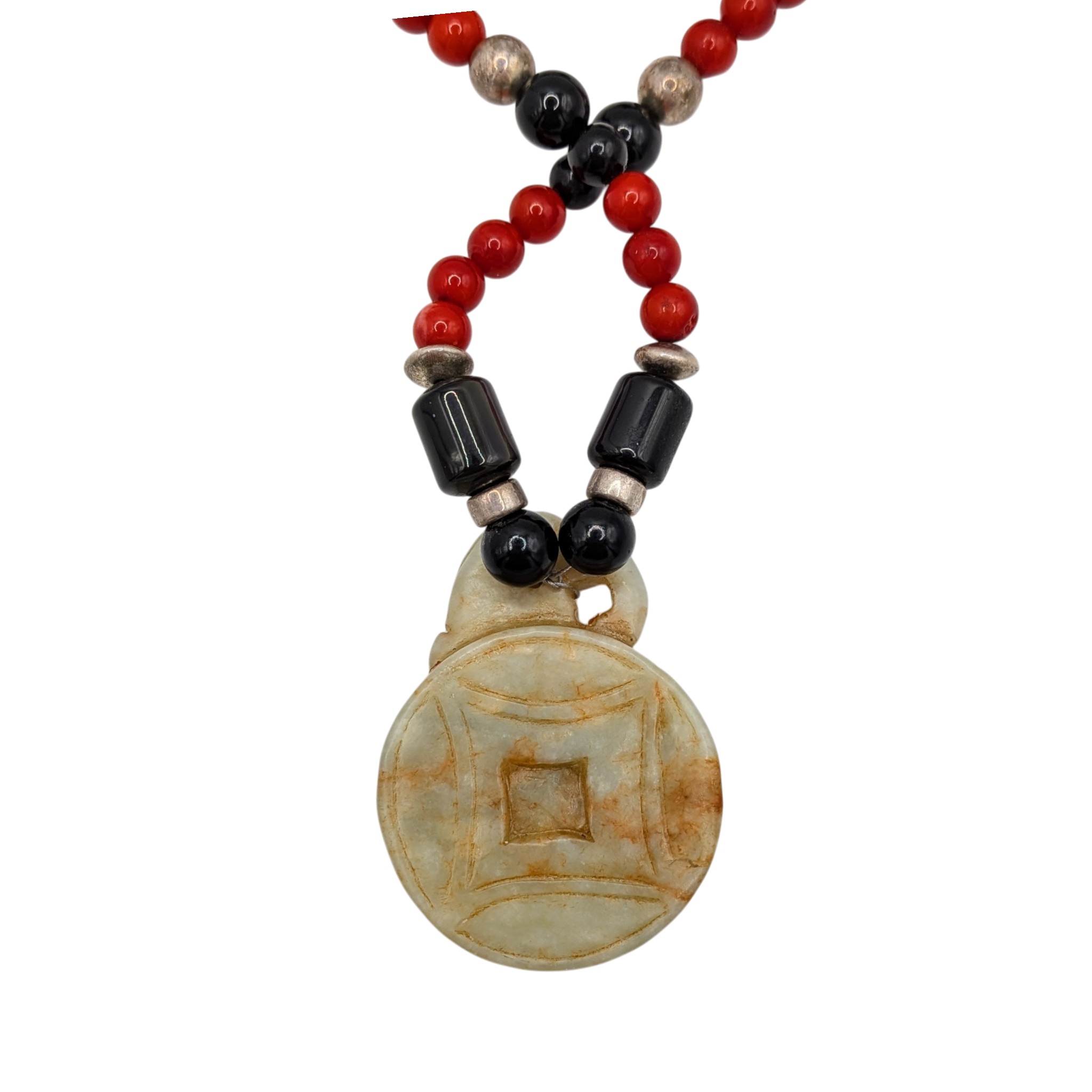 Chinese Export Sterling Silver Hand Carved Jadeite Glass Beaded Necklace