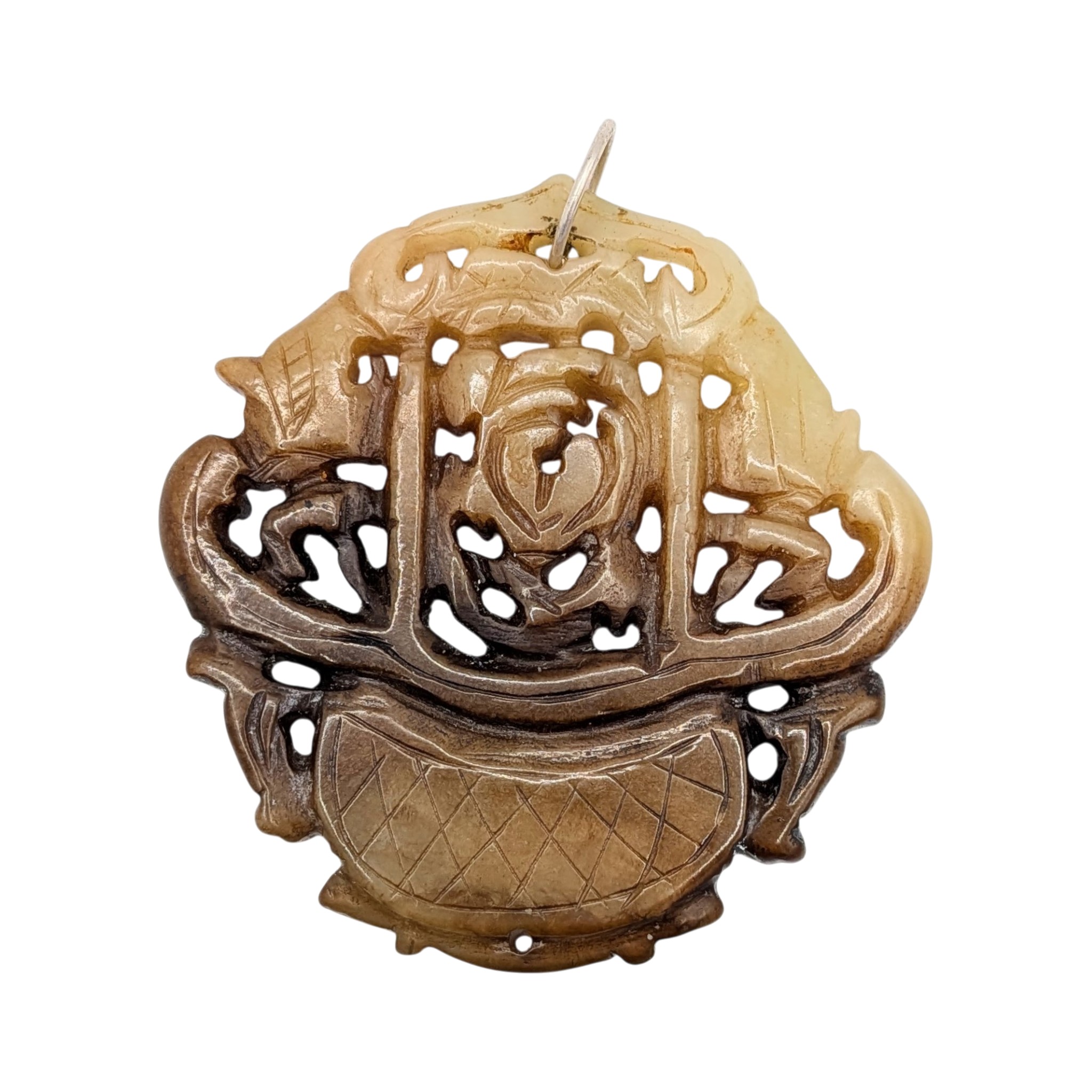 Chinese Export Hand Carved Agate Lotus Basket Pendant