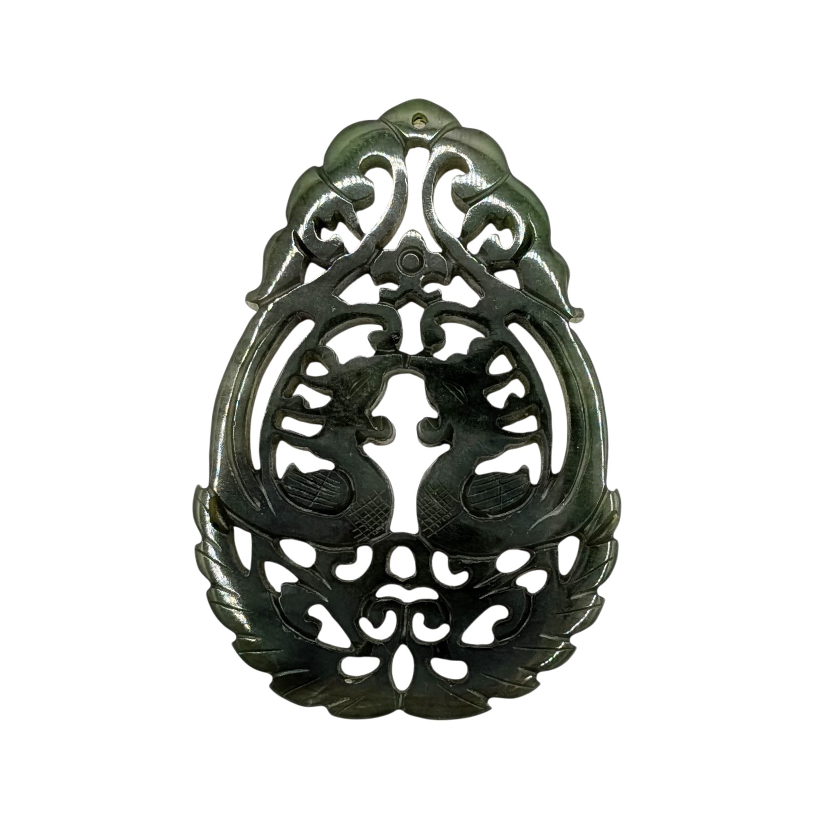 Chinese Export Hand Carved Moss Agate Double Dragon Pendant