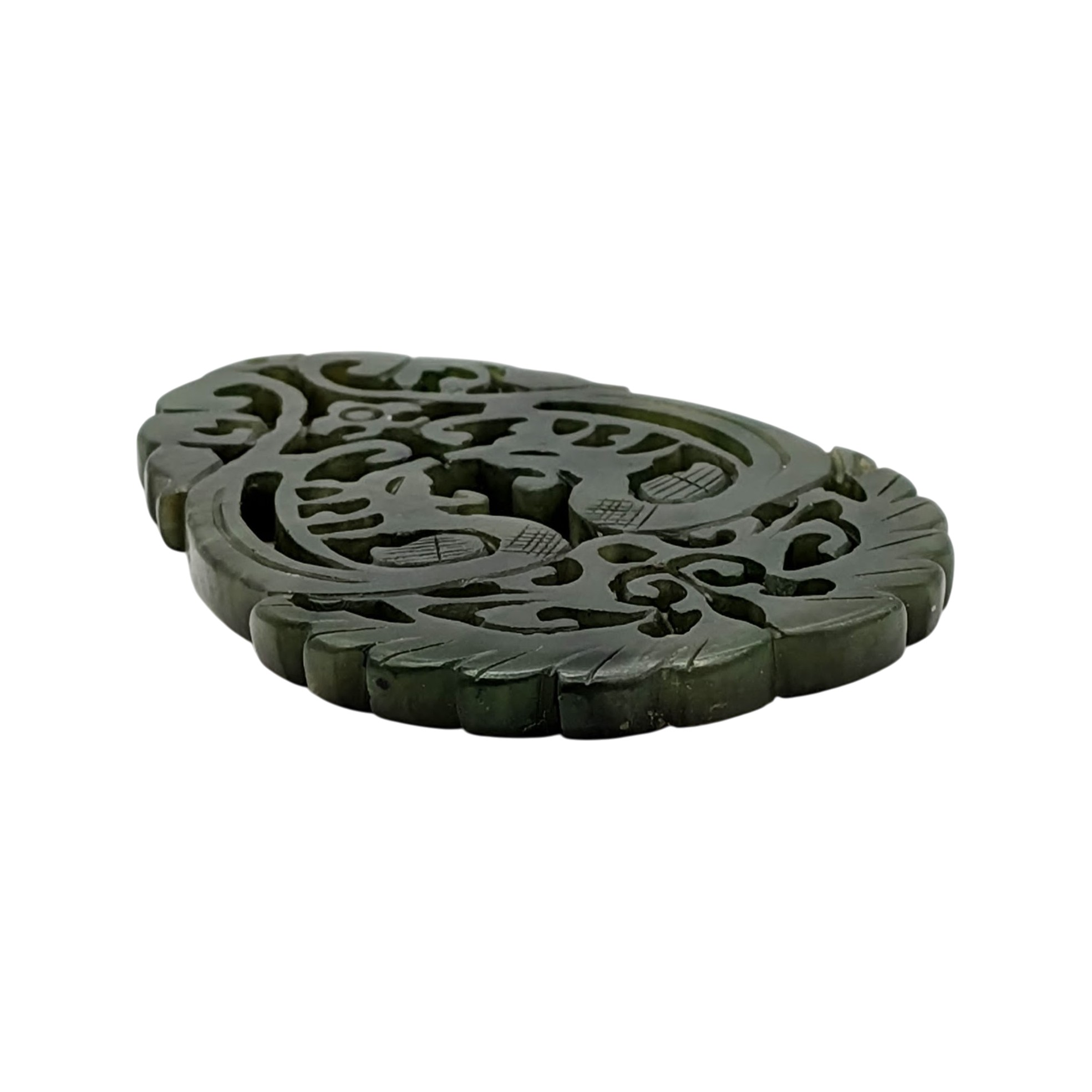 Chinese Export Hand Carved Moss Agate Double Dragon Pendant