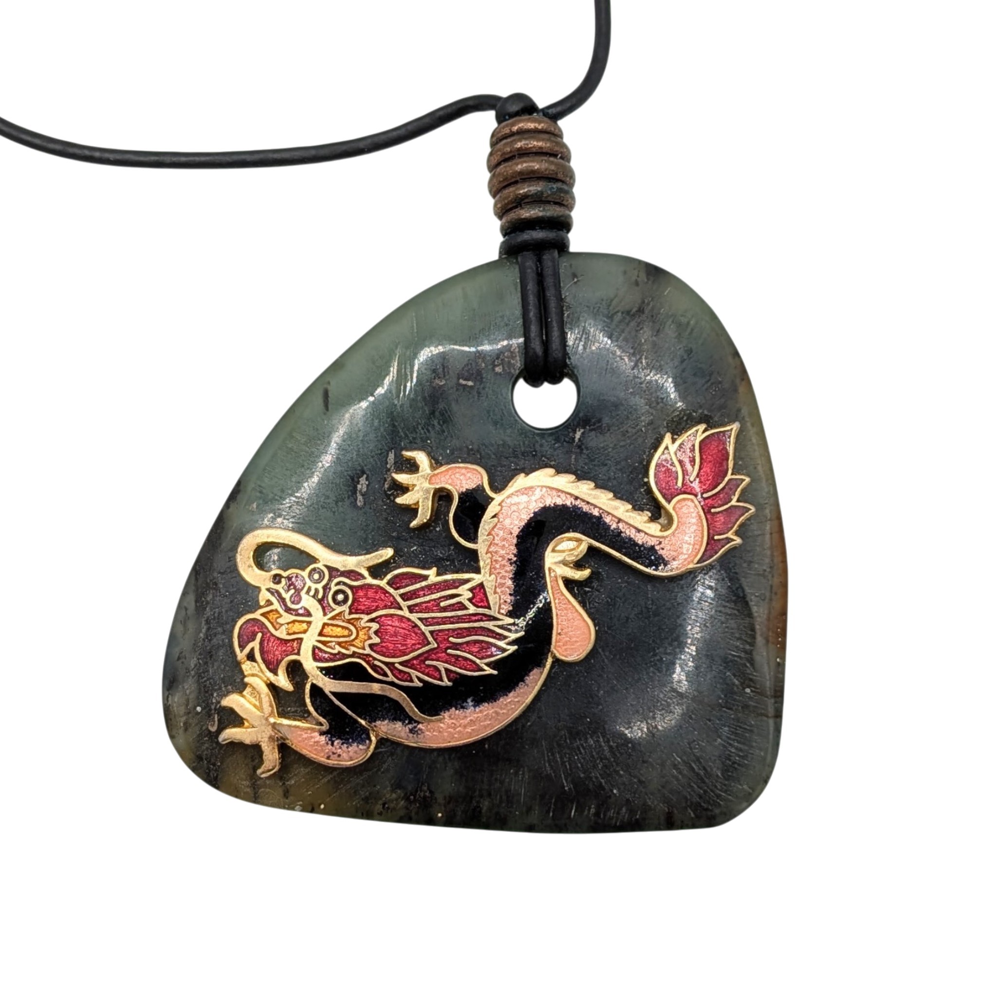 Chinese Export Gold Tone Moss Agate Cloisonne Enamel Dragon Necklace