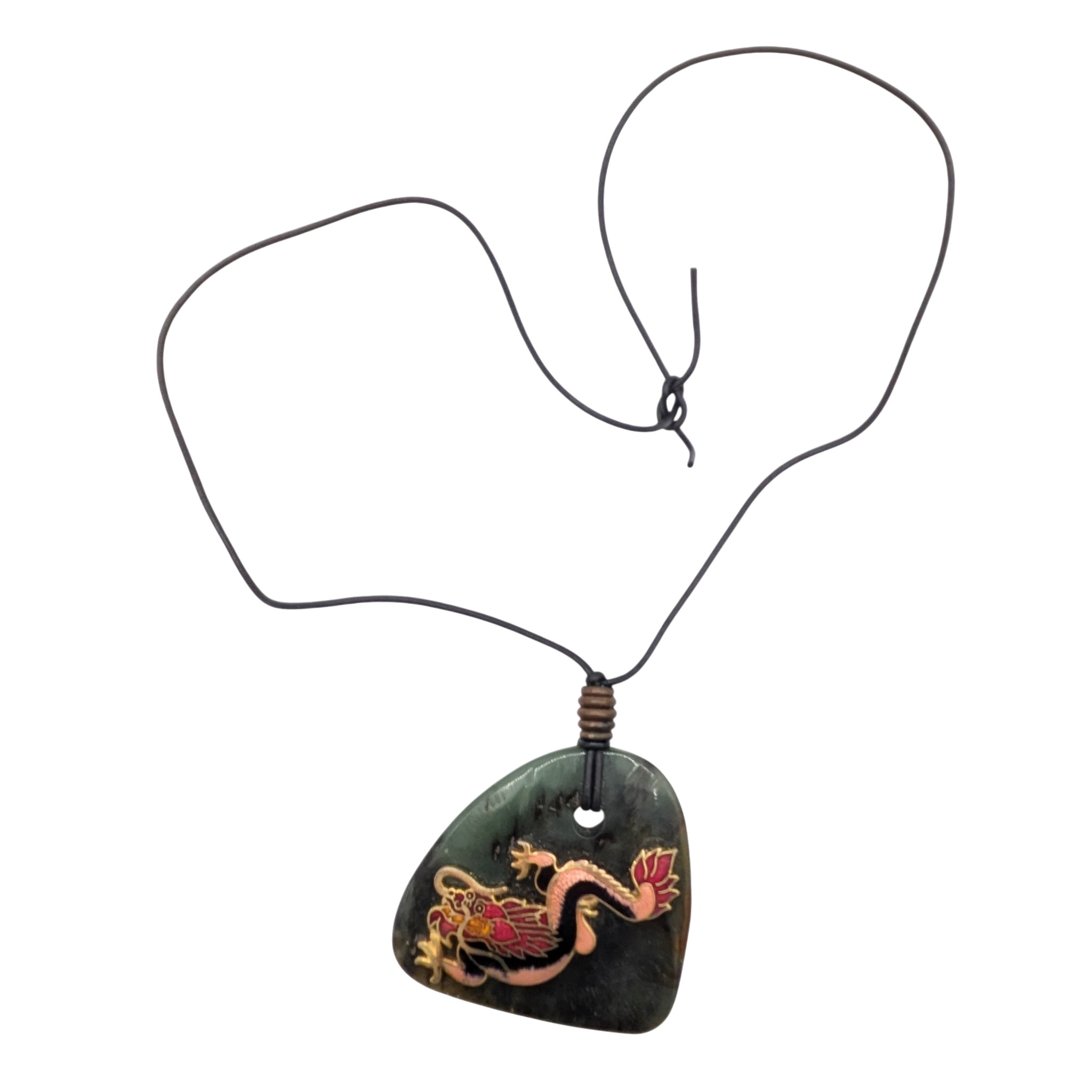 Chinese Export Gold Tone Moss Agate Cloisonne Enamel Dragon Necklace