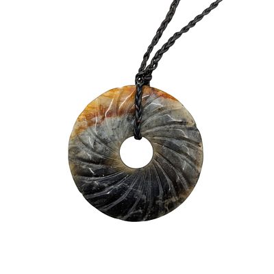 Chinese Export Hand Carved Moss Agate Necklace. Chinese Export Carved Moss Agate, Leather Cord 