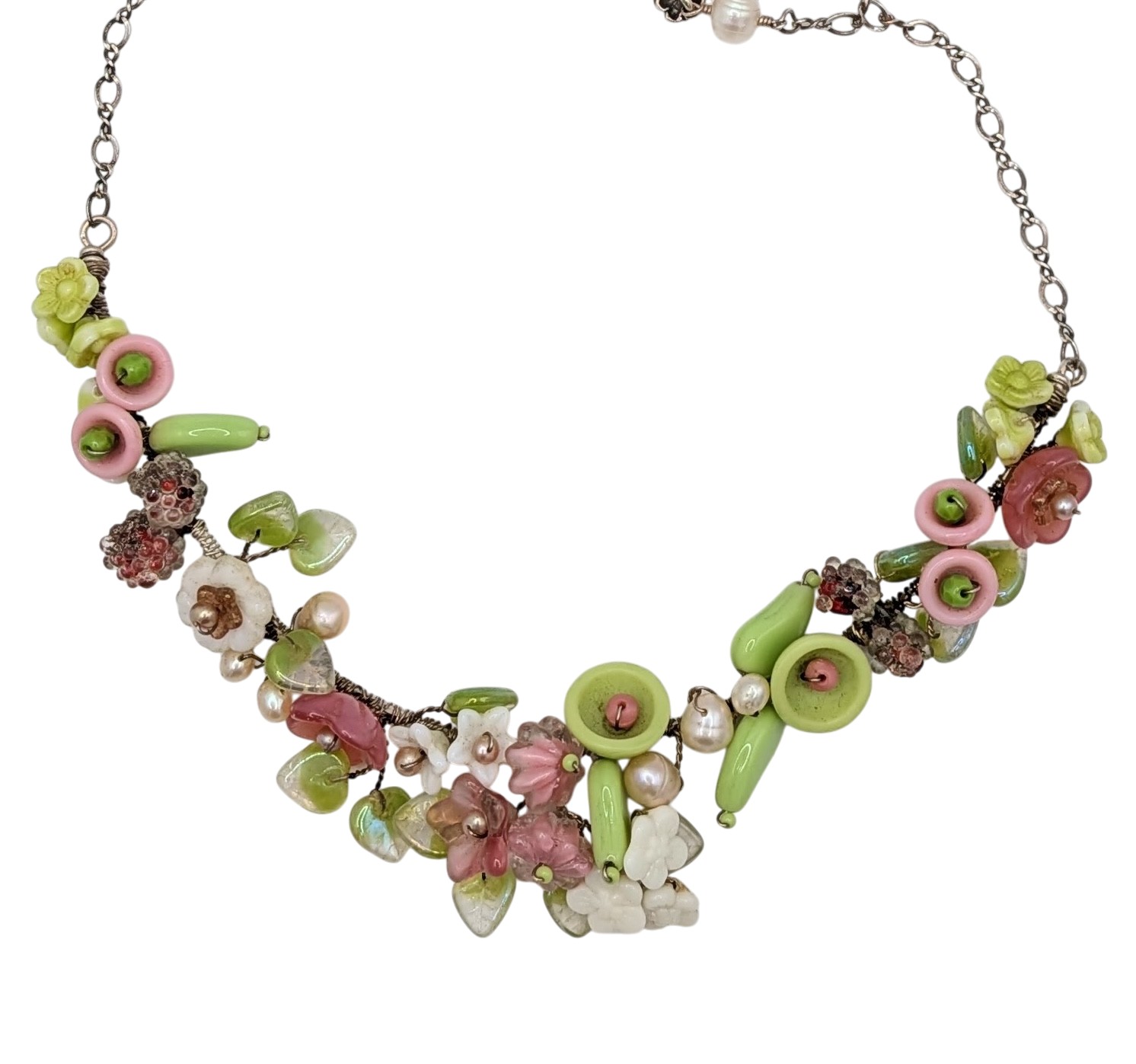 Vintage Sterling Silver Glass Flower Beaded Cluster Necklace
