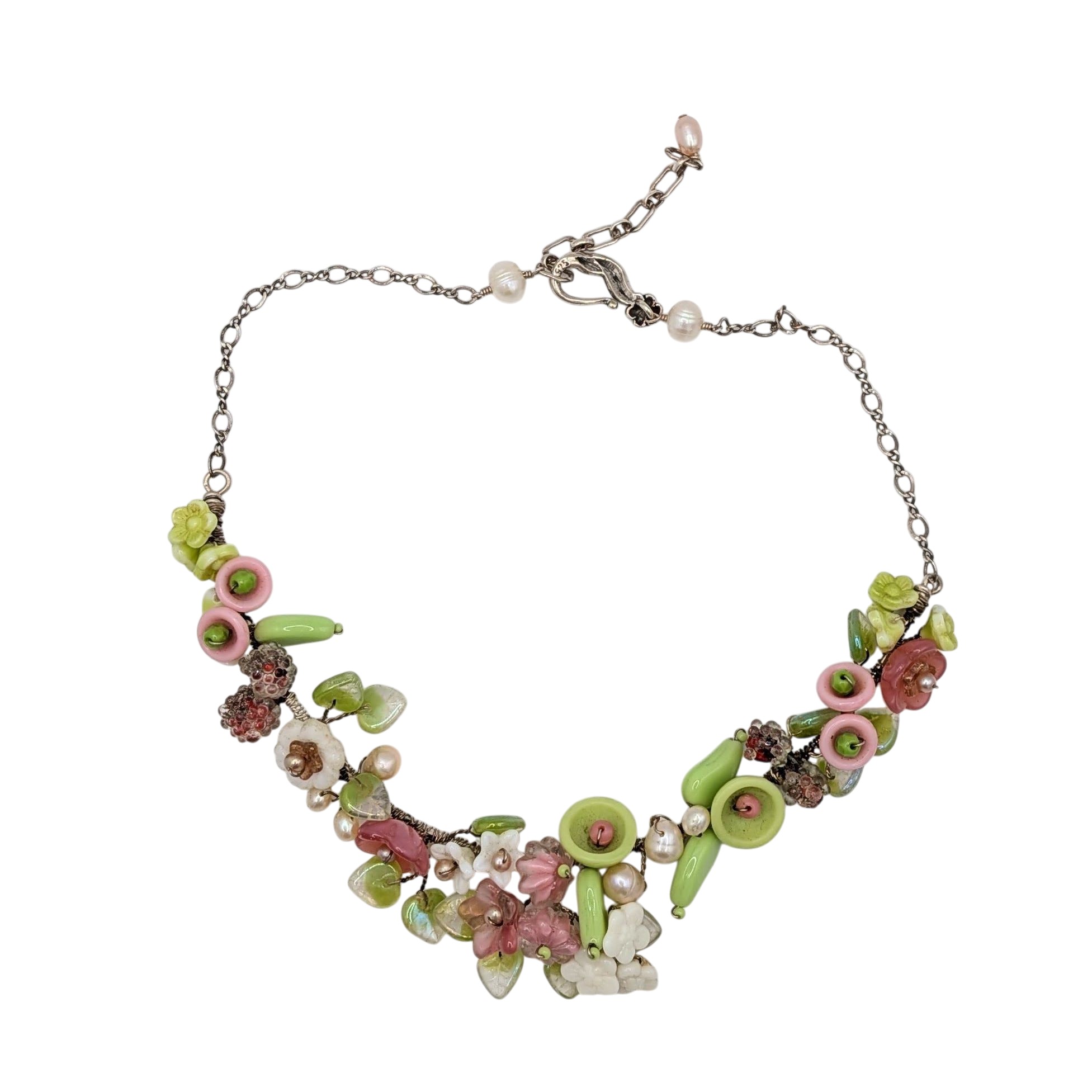 Vintage Sterling Silver Glass Flower Beaded Cluster Necklace