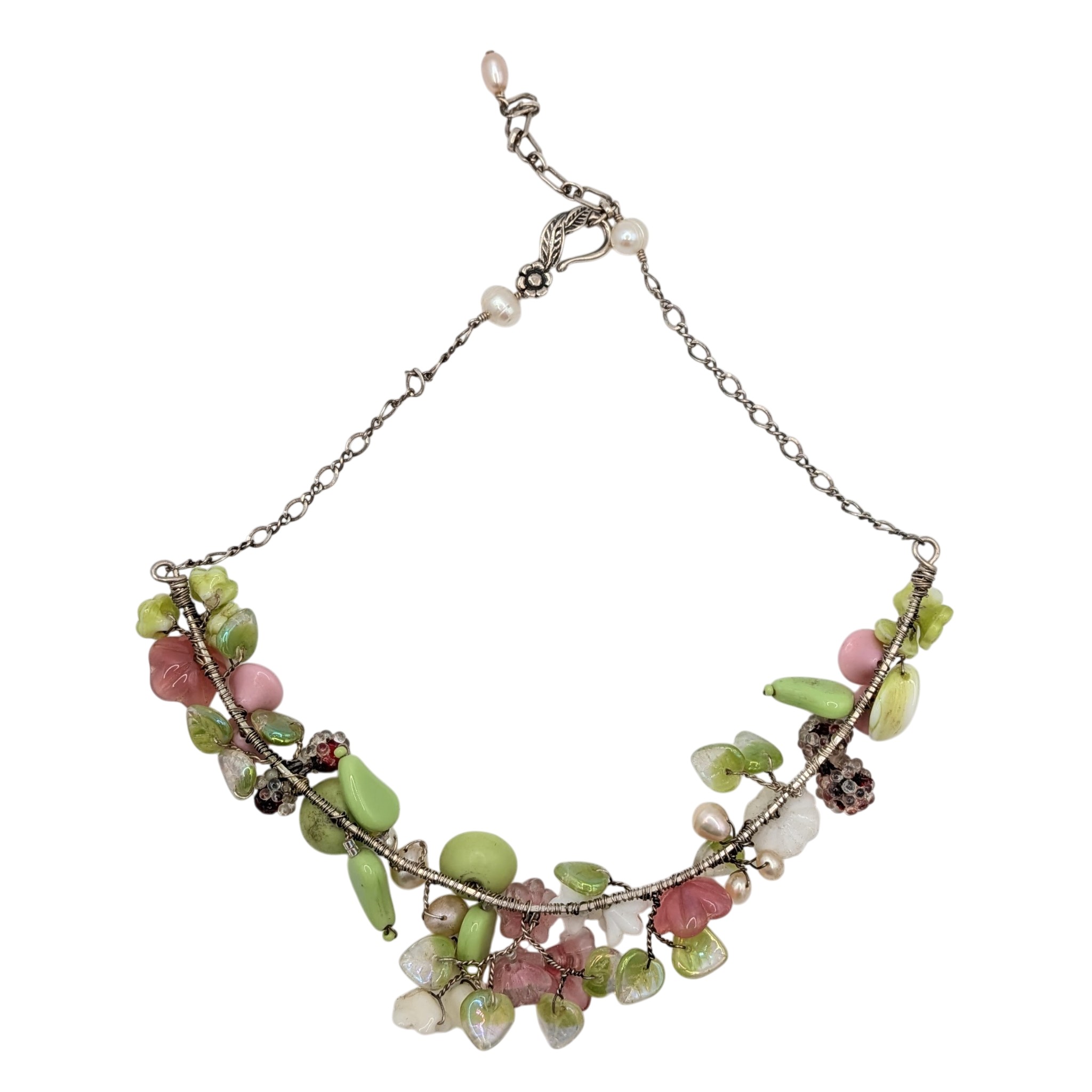 Vintage Sterling Silver Glass Flower Beaded Cluster Necklace