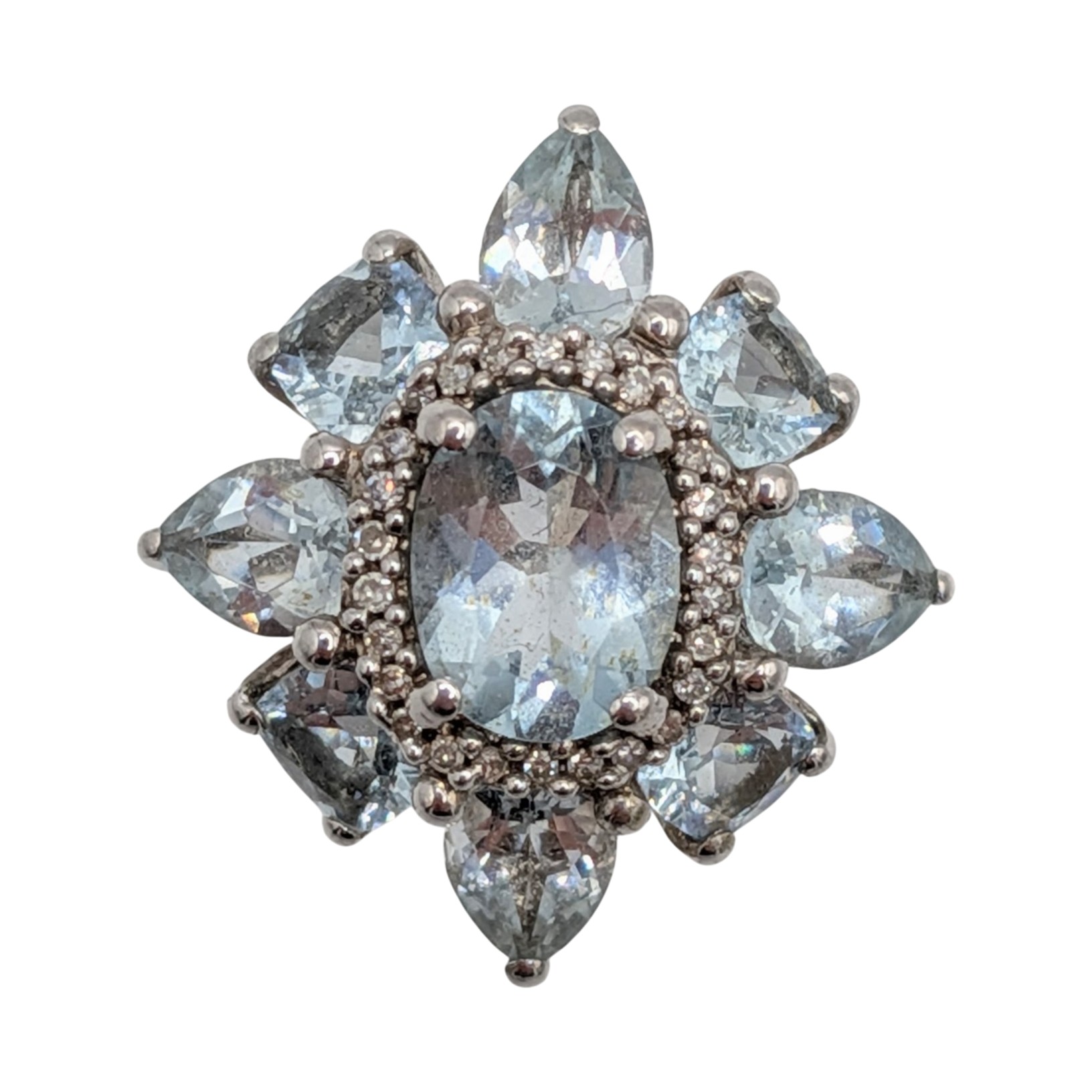 Signed Sterling Silver Diamond Aquamarine Statement Ring Size 8.75