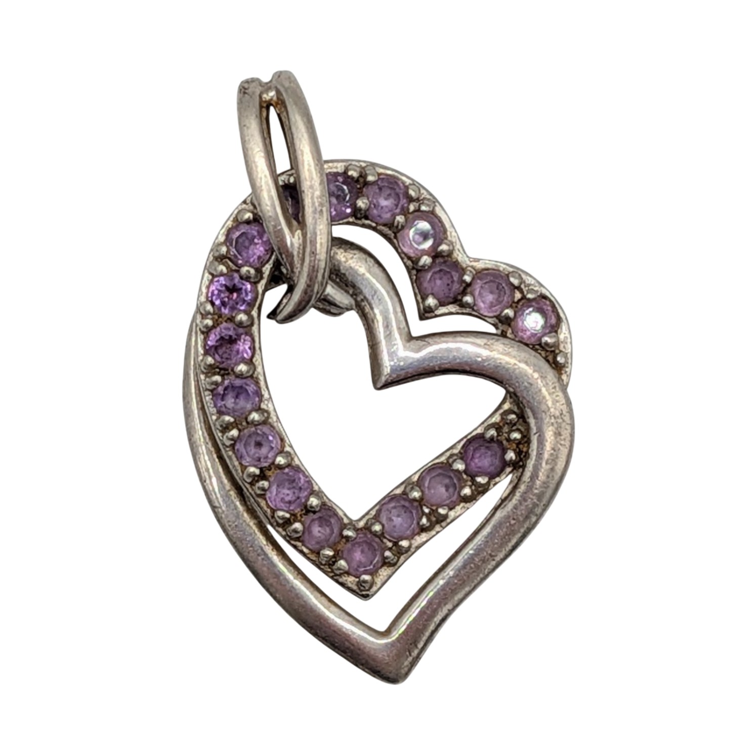 Signed Sterling Silver Amethyst Double Heart Pendant
