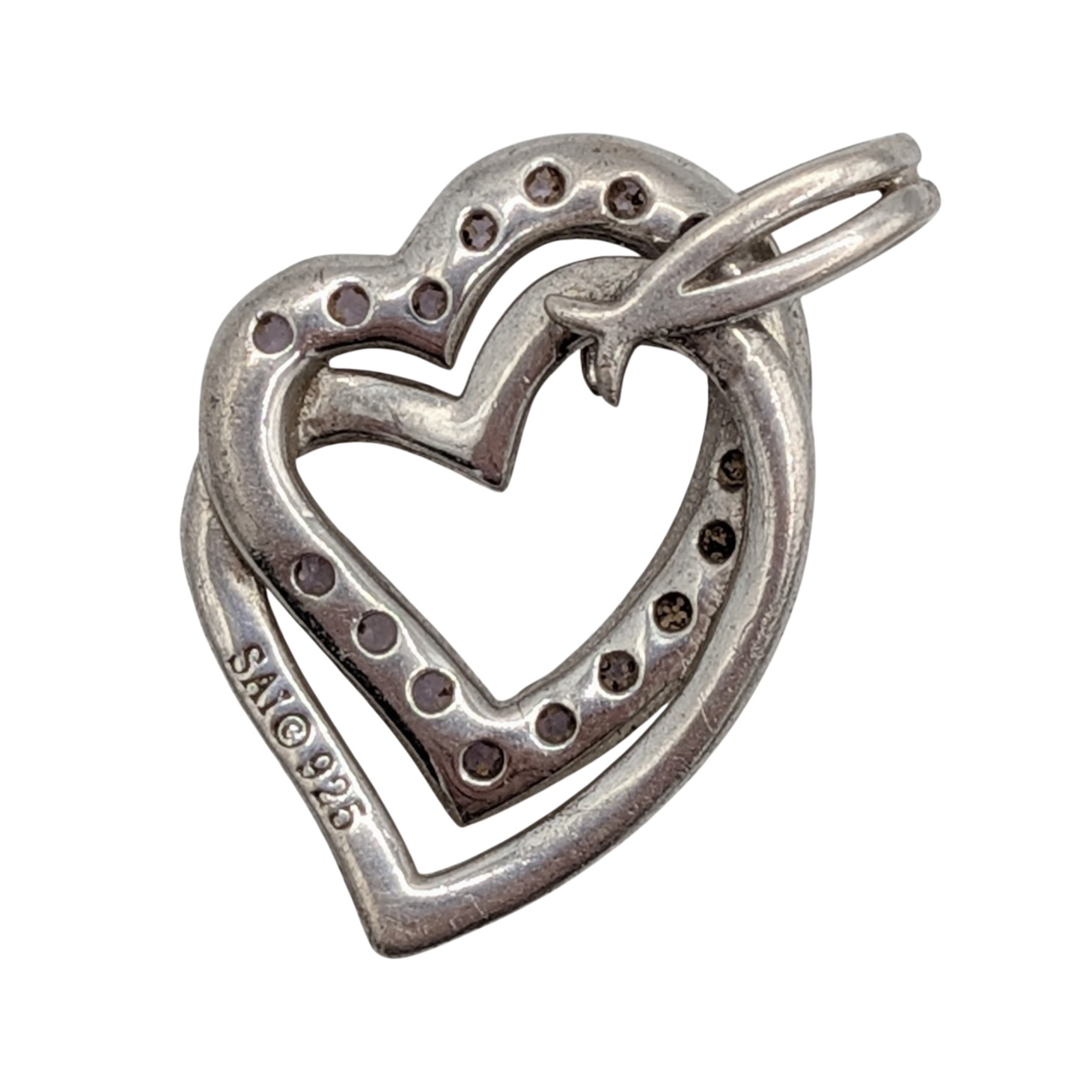 Signed Sterling Silver Amethyst Double Heart Pendant