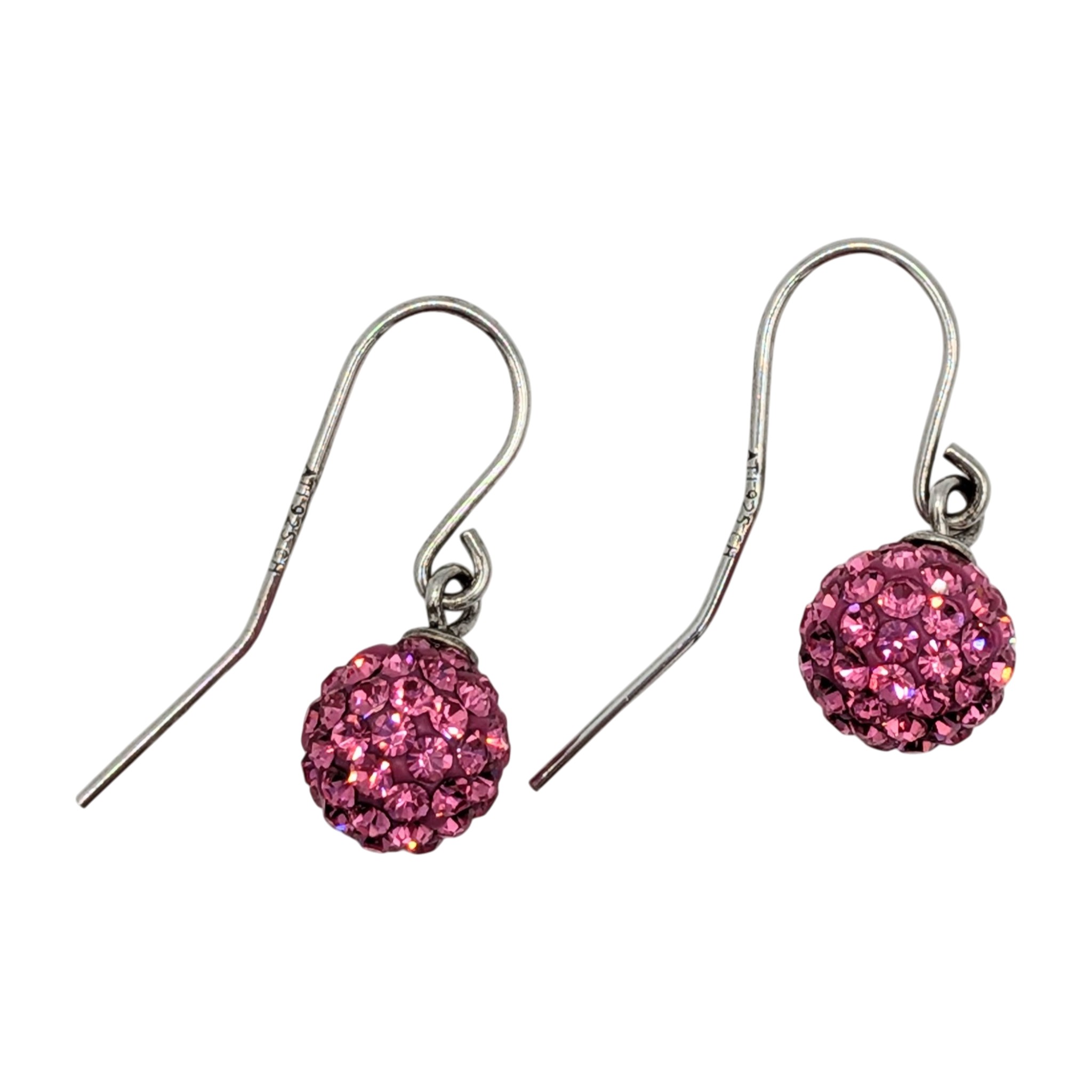 Signed Sterling Silver Pink CZ Disco Ball Dangle Earrings