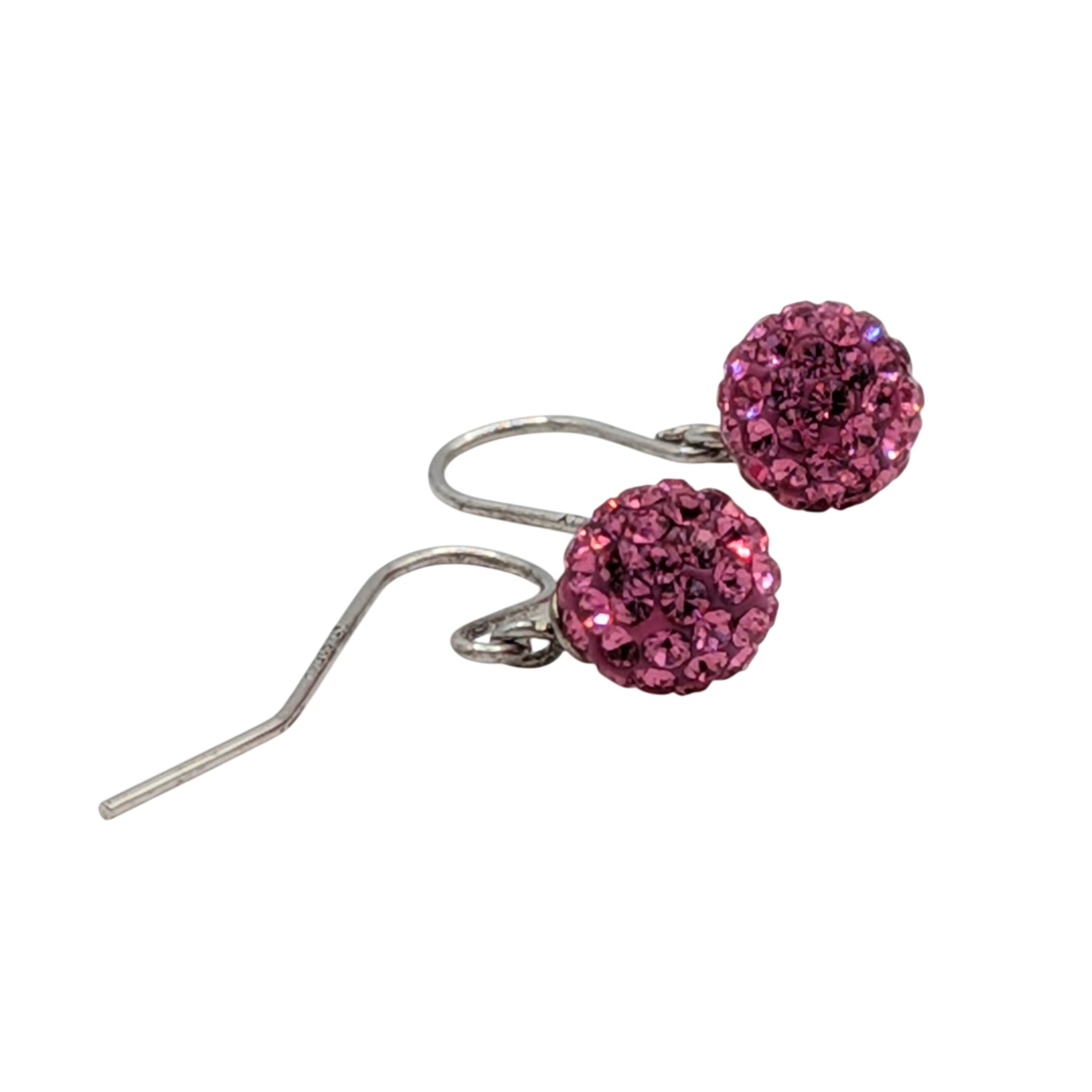 Signed Sterling Silver Pink CZ Disco Ball Dangle Earrings