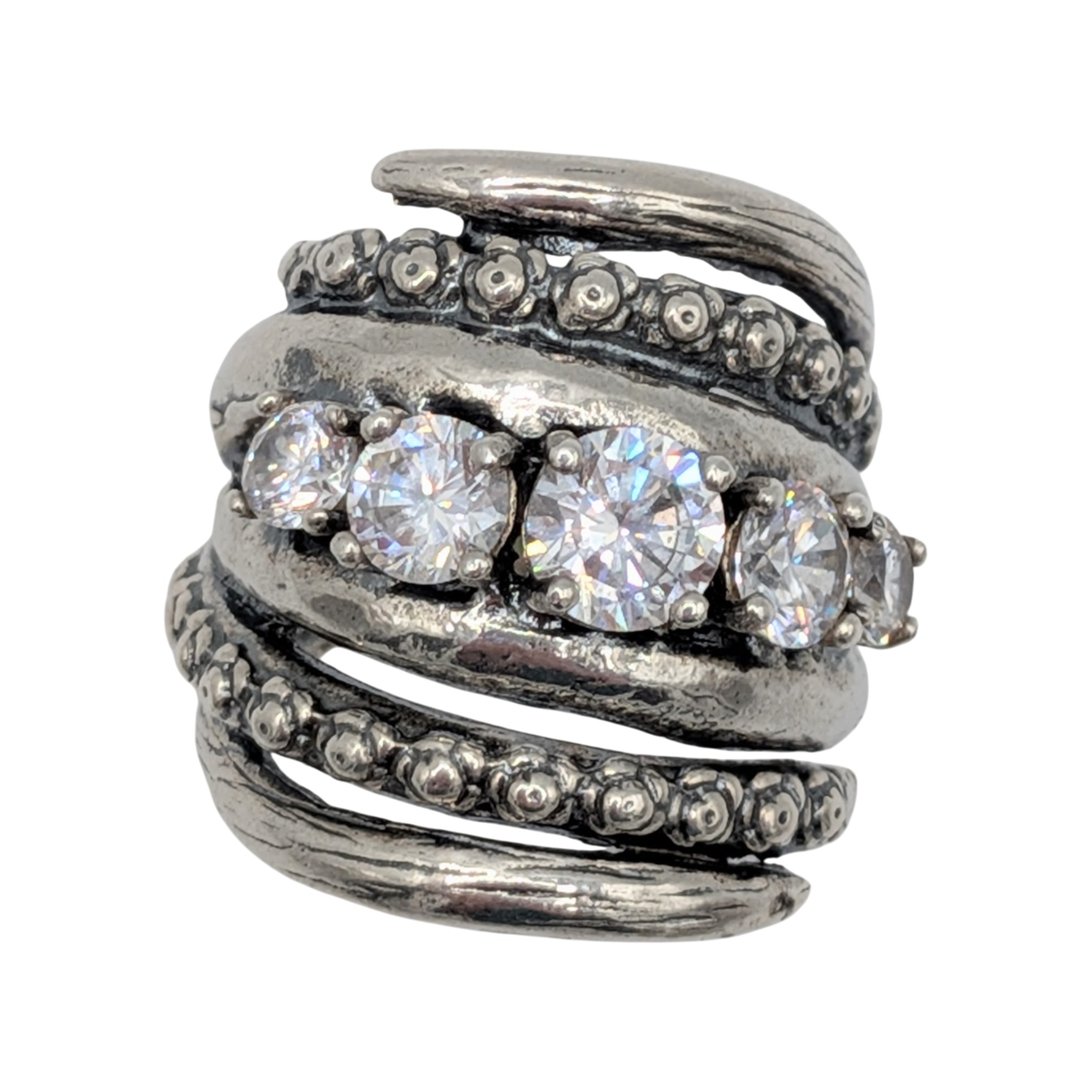 Signed Israel Sterling Silver White CZ Cocktail Ring Size 7.75