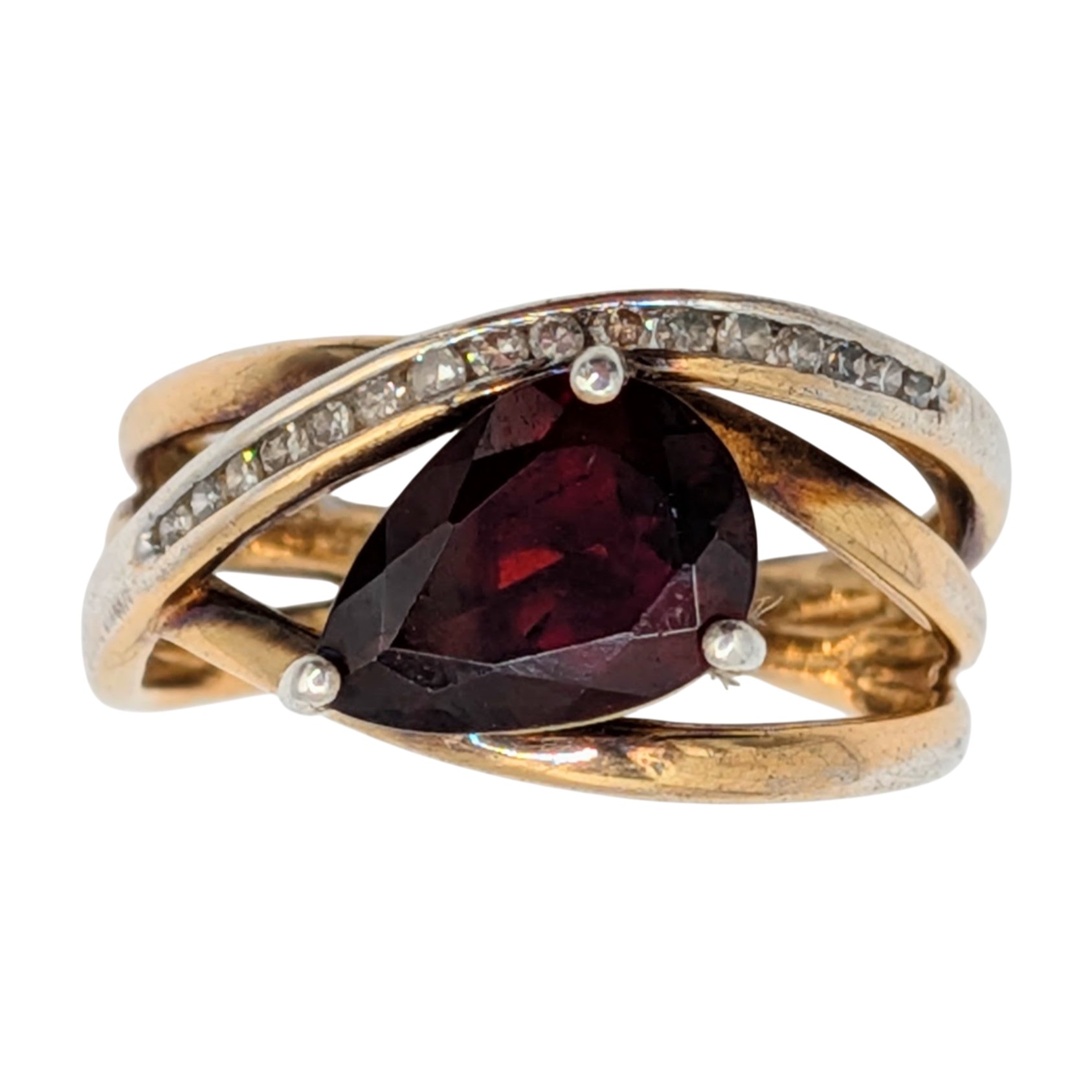 Signed Gold Over Sterling Silver Garnet Diamond Cross Over Statement Ring Size 7