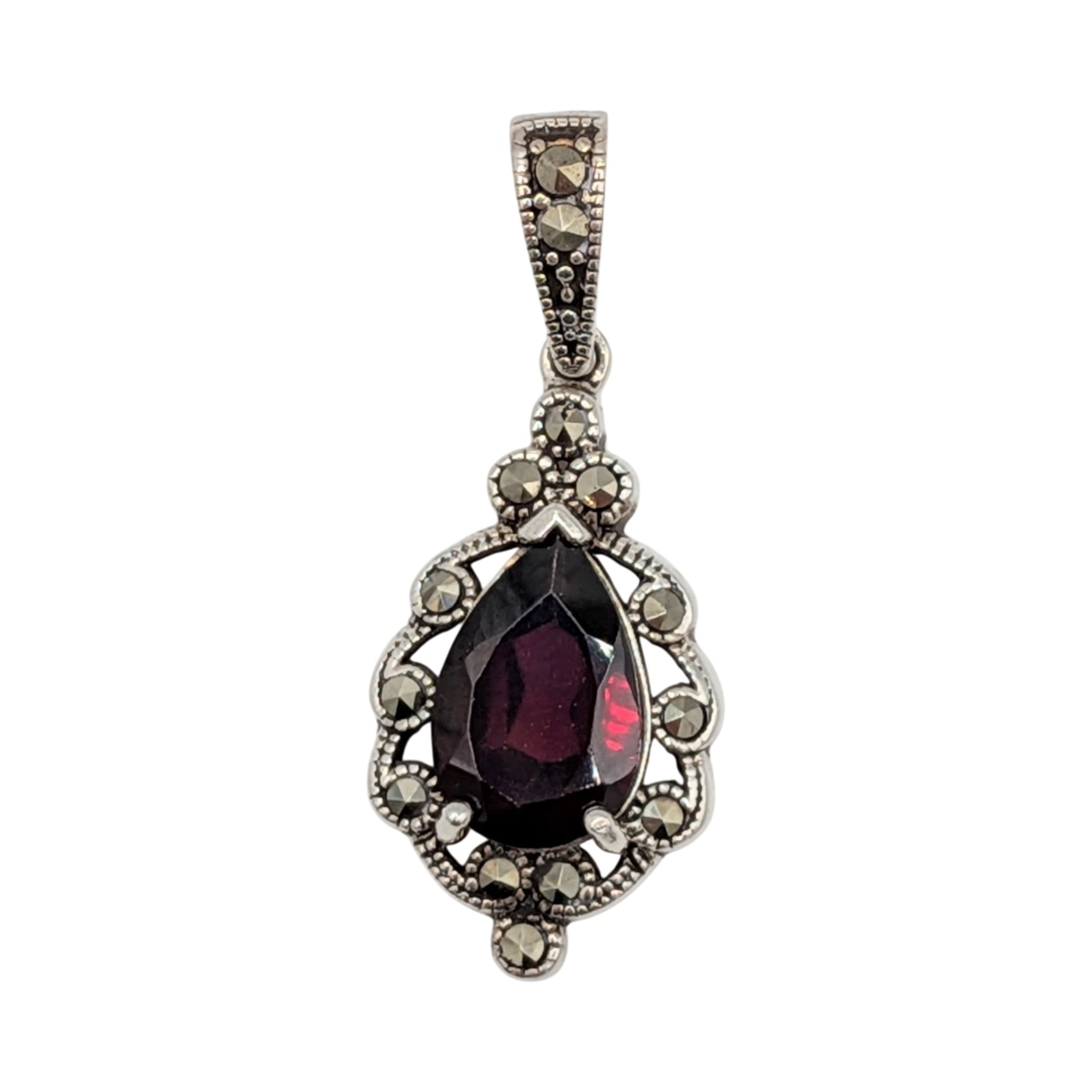 Signed Sterling Silver Garnet Marcasite Teardrop Pendant